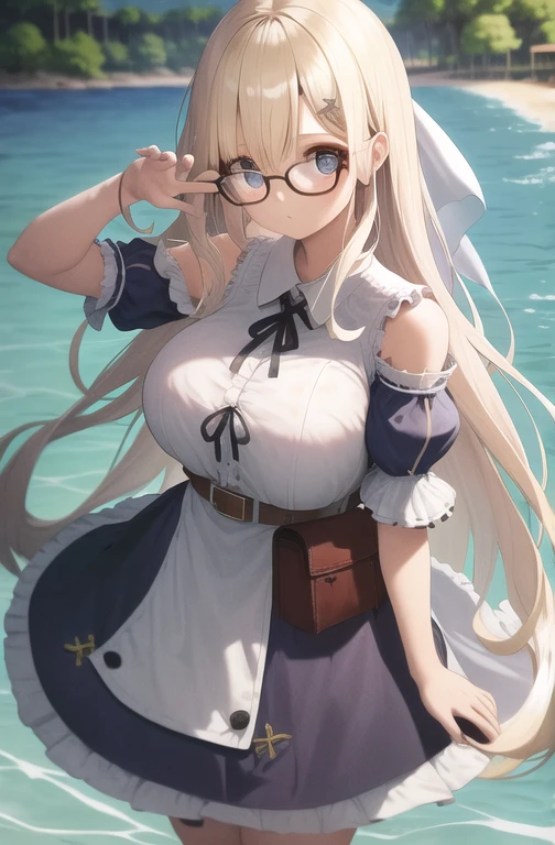 Only underwear、Wow big 、Round Glasses、Super sexy clothes、1 piece of cloth
、a woman standing outside near water next to her on shore, 1girl, solo, long hair, tree, blue eyes, looking at viewer, day