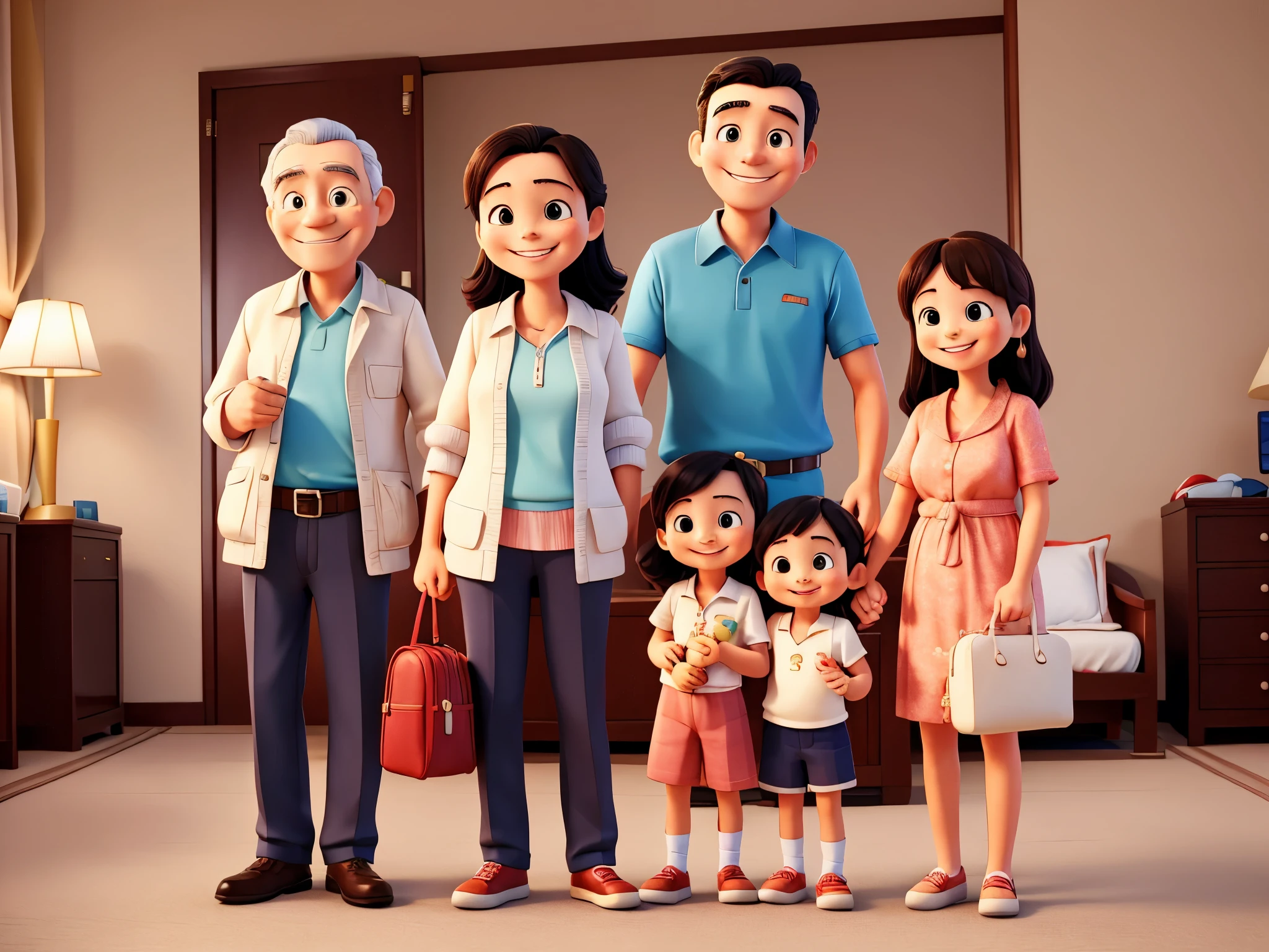 A happy family opening their carry-on bags in a hotel room。Dad is smiling。Mom is smiling。Baby is smiling。Background is white。