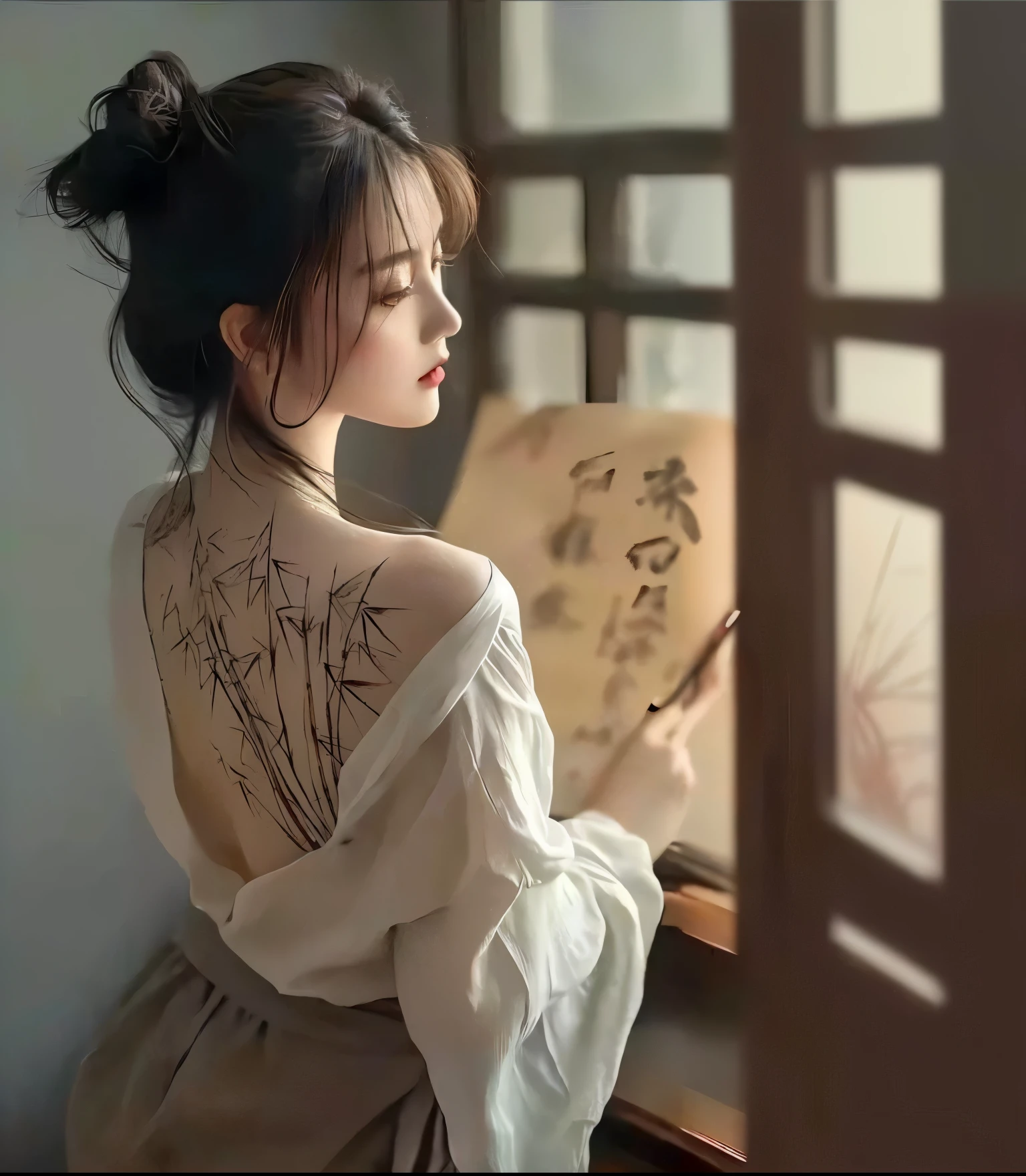 arafed woman with a fan and a chinese painting on her back, of taiwanese girl with tattoos, chinese girl, chinese style, with ancient chinese aesthetic, gorgeous chinese model, chinese artist, beautiful asian girl, by Yang J, chinese painting style, oriental tattoos, tattoo style, beautiful drawing style, chinese woman, beautiful south korean woman, tattoo art