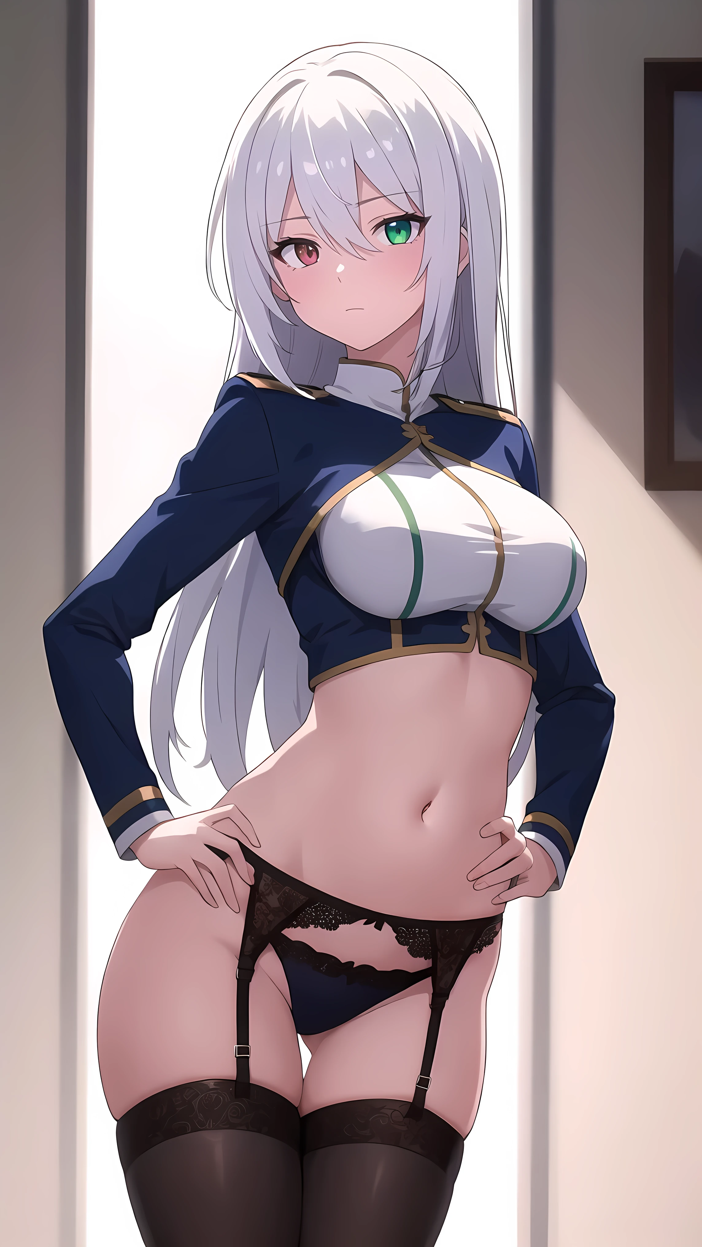 masterpiece, beautiful details, perfect focus, uniform 8K wallpaper, 4320p, high resolution, exquisite texture in every detail, Medium shot photograph, perfect eyes very high detailed, perfect pupils, sclera eyes detail, human anatomy correct, pastel, hyper detailed, picture perfect, detailed background, 1 girl, solo, looking at viewer, long hair, two tone hair, white hair, multicolored hair, heterochromia eyes, Red and green eyes, gigants breasts, standing, anatomy human perfect, hidden hands, hands on hips, arms down, well drawn and drawn hands and arms, 5 fingers perfect, human hand perfect, posture front view, front angle, blush, bangs, thighhighs, navel, hair between eyes, garter belt, crossed bangs, perfect eyes,
