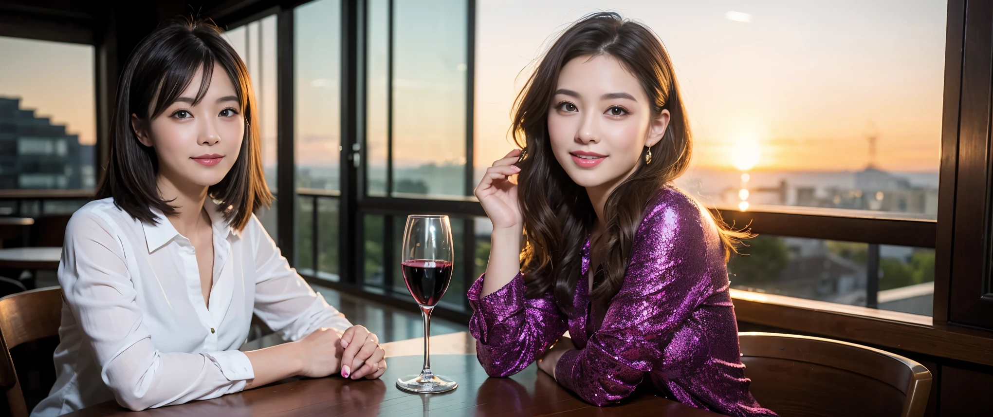 (highest quality、8k、masterpiece:1.3)、Beautiful woman with perfect figure:1.4、Dark brown hair、Wine Party 、2 people、Highly detailed face and skin、Fine grain、double eyelid、Huge Mile、30th generation、Sex Appeal、テーブルにwine glass、Facial lighting、 Amazing view of the sunset sky and clouds、Amazing mountain views、ニコニコ明るいsmile、smileの素敵な女性、Bright image、The beauty of wine, Beautiful Face, blue eyes, Blushing, short hair,Bright Face、Fox face、 (Age 37), 39 years old, Lady、red wine 、Appetizers、Italian food、wine bottle、Champagne、sparkling wine、Two beauties、Brown Hair、Shortcuts、Long sleeve shirt、dress、Pretty Woman 1, (slimな顔), (The body is slim), (Brown Hair), (Shortcuts), cheeks turn a little red,Attractive beauty、, Out of the window, A beautiful and detailed night view unfolds.........., restaurant, In a prominent place (From the waist up) Nova Frog Style, actress, model, Upper Body, White wine, slim, wine glass, 真ん中に置かれたwine glass, smile, (smile: 1.15), Beautiful fine grain, Depth f/2,saturation, High Contrast, Strong light and shadow,Moist Body:1.5、3D texture、Delicate eyes、Brown Hair、The hair is very shiny、
