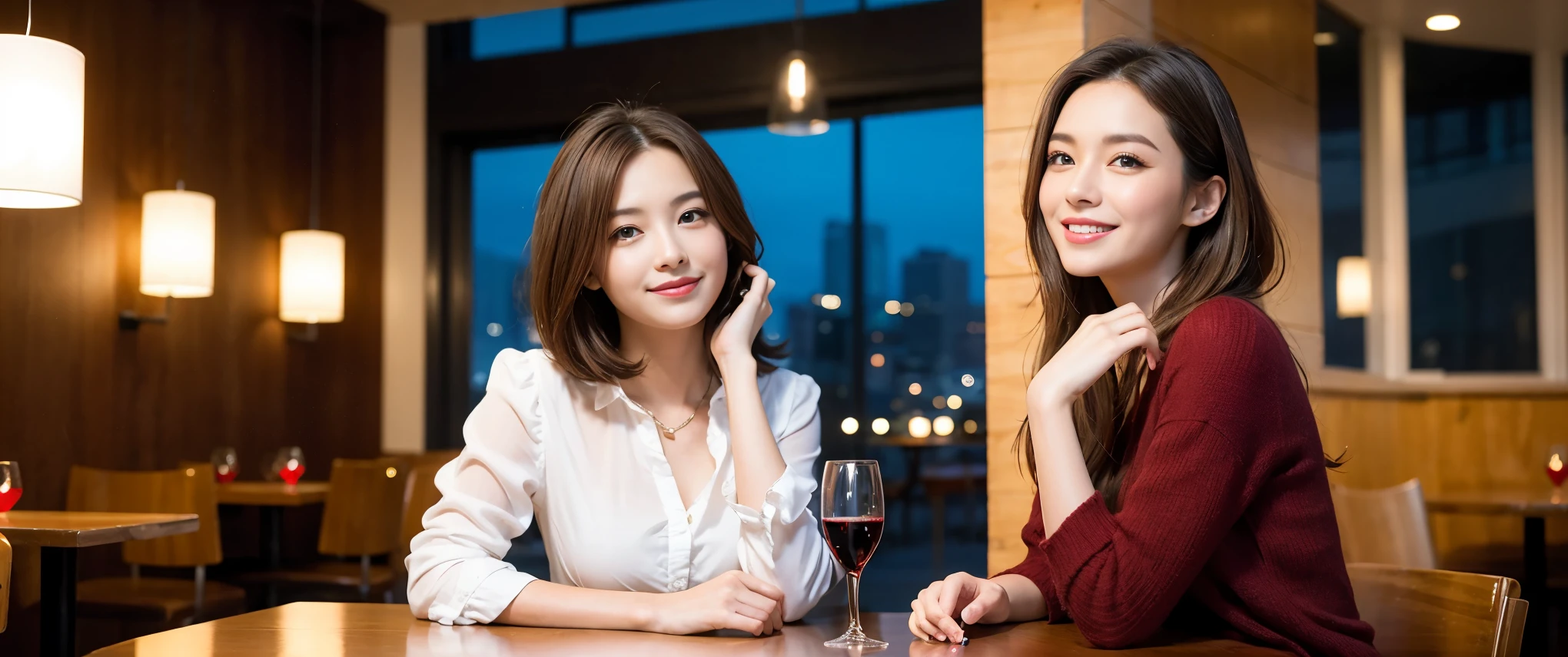 (highest quality、8k、masterpiece:1.3)、Beautiful woman with perfect figure:1.4、Dark brown hair、Wine Party 、2 people、Highly detailed face and skin、Fine grain、double eyelid、Huge Mile、30th generation、Sex Appeal、テーブルにwine glass、Facial lighting、 Amazing view of the sunset sky and clouds、Amazing mountain views、ニコニコ明るいsmile、smileの素敵な女性、Bright image、The beauty of wine, Beautiful Face, blue eyes, Blushing, short hair,Bright Face、Fox face、 (Age 37), 39 years old, Lady、red wine 、Appetizers、Italian food、wine bottle、Champagne、sparkling wine、Two beauties、Brown Hair、Shortcuts、Long sleeve shirt、dress、Pretty Woman 1, (slimな顔), (The body is slim), (Brown Hair), (Shortcuts), cheeks turn a little red,Attractive beauty、, Out of the window, A beautiful and detailed night view unfolds.........., restaurant, In a prominent place (From the waist up) Nova Frog Style, actress, model, Upper Body, White wine, slim, wine glass, 真ん中に置かれたwine glass, smile, (smile: 1.15), Beautiful fine grain, Depth f/2,saturation, High Contrast, Strong light and shadow,Moist Body:1.5、3D texture、Delicate eyes、Brown Hair、The hair is very shiny、