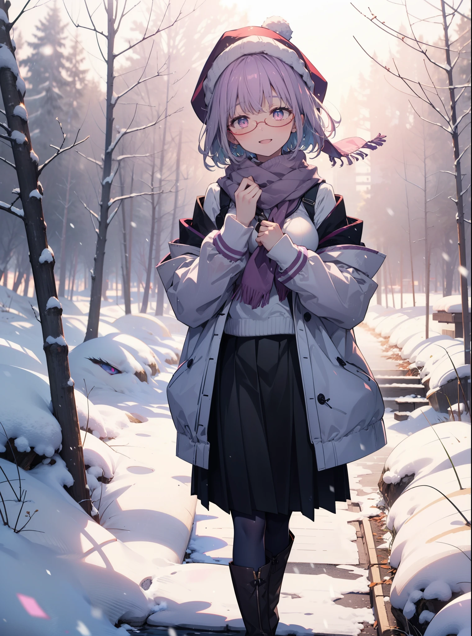 akaneshinjou, shinjou akane, Light purple hair, (Pink Eyes:1.2), short hair,Akagi Glasses,hair band,,White Breath,Big Breasts,Purple coat,White sweater,happy smile, smile, Open your mouth,Black long skirt,Gray pantyhose,Red scarf,short boots,Knitted hat,Daytime,cloudy,snow,snowが降り積もっている,whole bodyがイラストに入るように,Looking down from above,
 break looking at viewer,whole body,               　　　　　　　 break outdoors 森, nature, 　　　　　　　　　　　break (masterpiece:1.2), highest quality, High resolution, unity 8k wallpaper, (shape:0.8), (Beautiful and beautiful eyes:1.6), Highly detailed face, Perfect lighting, Extremely detailed CG, (Perfect hands, Perfect Anatomy),