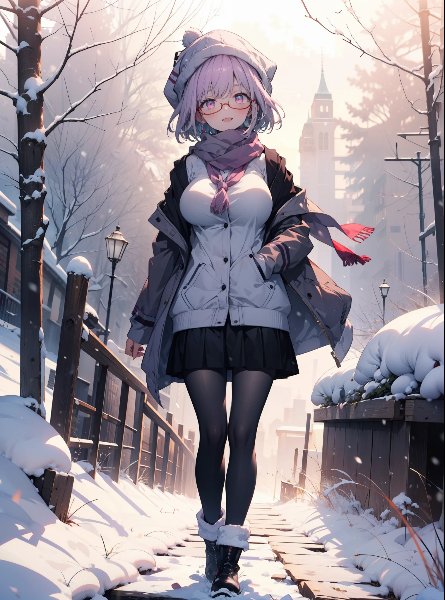 akaneshinjou, shinjou akane, Light purple hair, (Pink Eyes:1.2), short hair,Akagi Glasses,hair band,,White Breath,Big Breasts,Purple coat,White sweater,happy smile, smile, Open your mouth,Black long skirt,Gray pantyhose,Red scarf,short boots,Knitted hat,Daytime,cloudy,snow,snowが降り積もっている,whole bodyがイラストに入るように,Looking down from above,
 break looking at viewer,whole body,               　　　　　　　 break outdoors 森, nature, 　　　　　　　　　　　break (masterpiece:1.2), highest quality, High resolution, unity 8k wallpaper, (shape:0.8), (Beautiful and beautiful eyes:1.6), Highly detailed face, Perfect lighting, Extremely detailed CG, (Perfect hands, Perfect Anatomy),