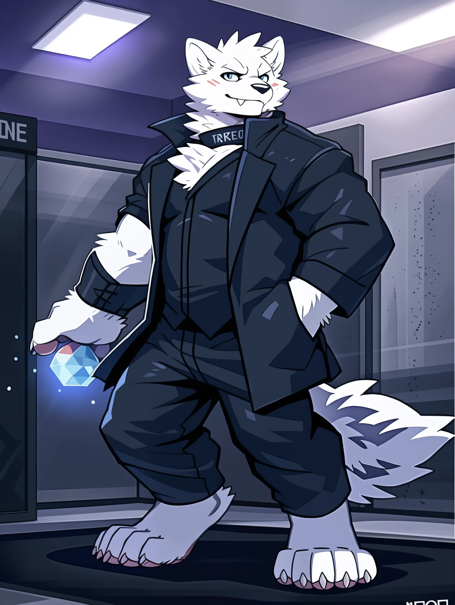 A snow wolf thief prepares to steal gems, solo, ((all white fur:1.5)), Perfect sky blue eyes, Spike Collar, (artist:Takemoto Arashi), Mature face, (fang out:1.5), night, Rogue, Reveal most of the background, Wearing a black trench coat and black pants, barefoot, evil smile, Pink meat pads, Exhibition hall interior background without lights, There is a gem in the display case, vanishing point, best quality, UHD, super detail