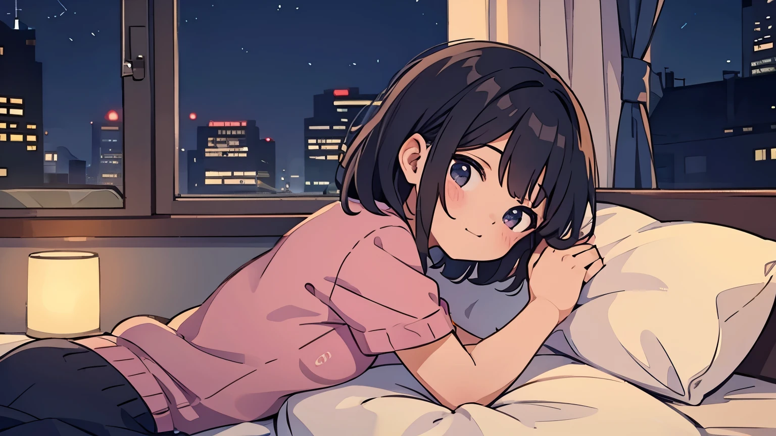 loli, short hair, dark hair, tan, green eyes, black sweater, bare legs, Sitting on the bed looking at the window, it's night, The night is full of bright stars, From the window you can see buildings with their windows open,
