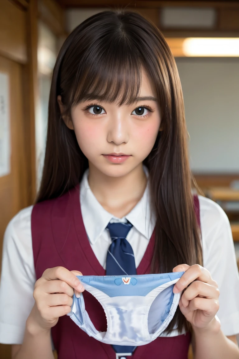 (8k, RAW Photos,highest quality, High resolution:1.1), (超Realisticな:1.4),(Realistic, Realistic:1.3),The Beauty of Japan、((Japanese school girl uniform))、((Upper Body:1.3)),holding panties ,  (Panties as a gift),(Detailed silk panties:1.1),Focus Panties,((Blushing:1.3)),