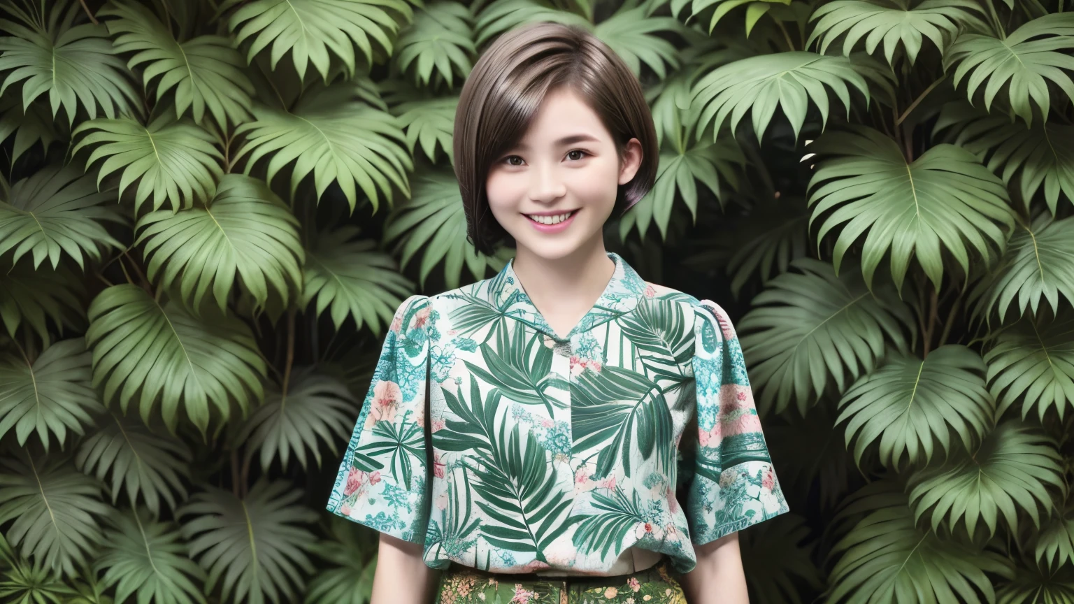 231 (18-year-old female,Floral clothes), ((short hair:1.46)), (Pants Style), (A kind smile), (Jungle Pattern)