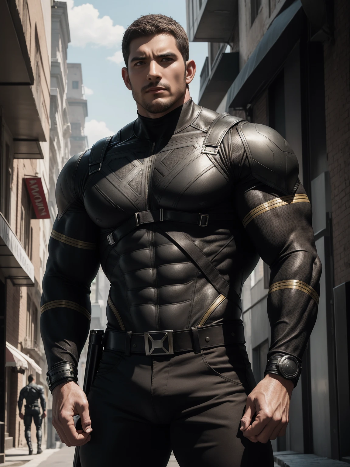 Angry super muscular man, Buzz Cut,On the old-style outdoor street under the hot sun, Wear long-sleeved dark brown superhero Black Panther bodysuit, Dark brown texture,The expression is arrogant, Thick thighs, Messy hair, Thick thighs, Turtleneck Long Sleeve Dark Brown Superhero Bodysuit, very tight, Regular symmetrical pattern, Highlight muscles, Police uniform pants, character concept(Resident Evil - Chris Redfield, Chris Redfield)A proud expression, Deep and charming eyes, Heroic male pose, tall Burly, muscular!muscular thighs, tough guy, perfect facial features, High, Burly, Heqiang, Super polished and cool, High Resolution Committee, Charismatic, The sun is blazing, dazzling