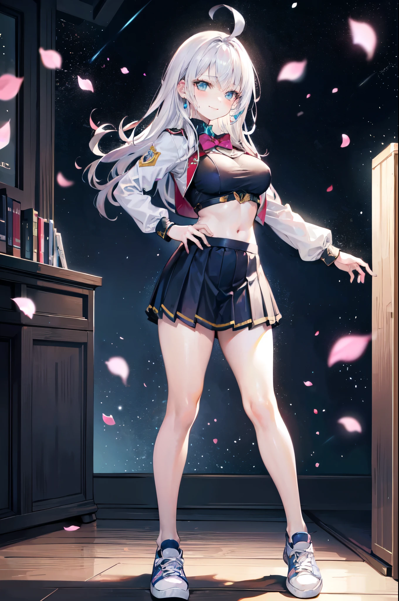 realistic image, detailed image, coherent image, 1 beautiful girl, she has very long hair, white hair, light blue eyes, smiling expression. She is wearing a long-sleeved t-shirt, showing her navel, a pleated miniskirt, sneakers, She has a curvy body, medium breasts and thick thighs, She is posing sensually, lifting her skirt a little, arching her back, black background, uniform background, starry night, flower petals falling around, Soft focus, full body view, Dramatic shadows, Volumetric lighting, natural lighting,Alisa Mikhailovna Kujou,ahoge