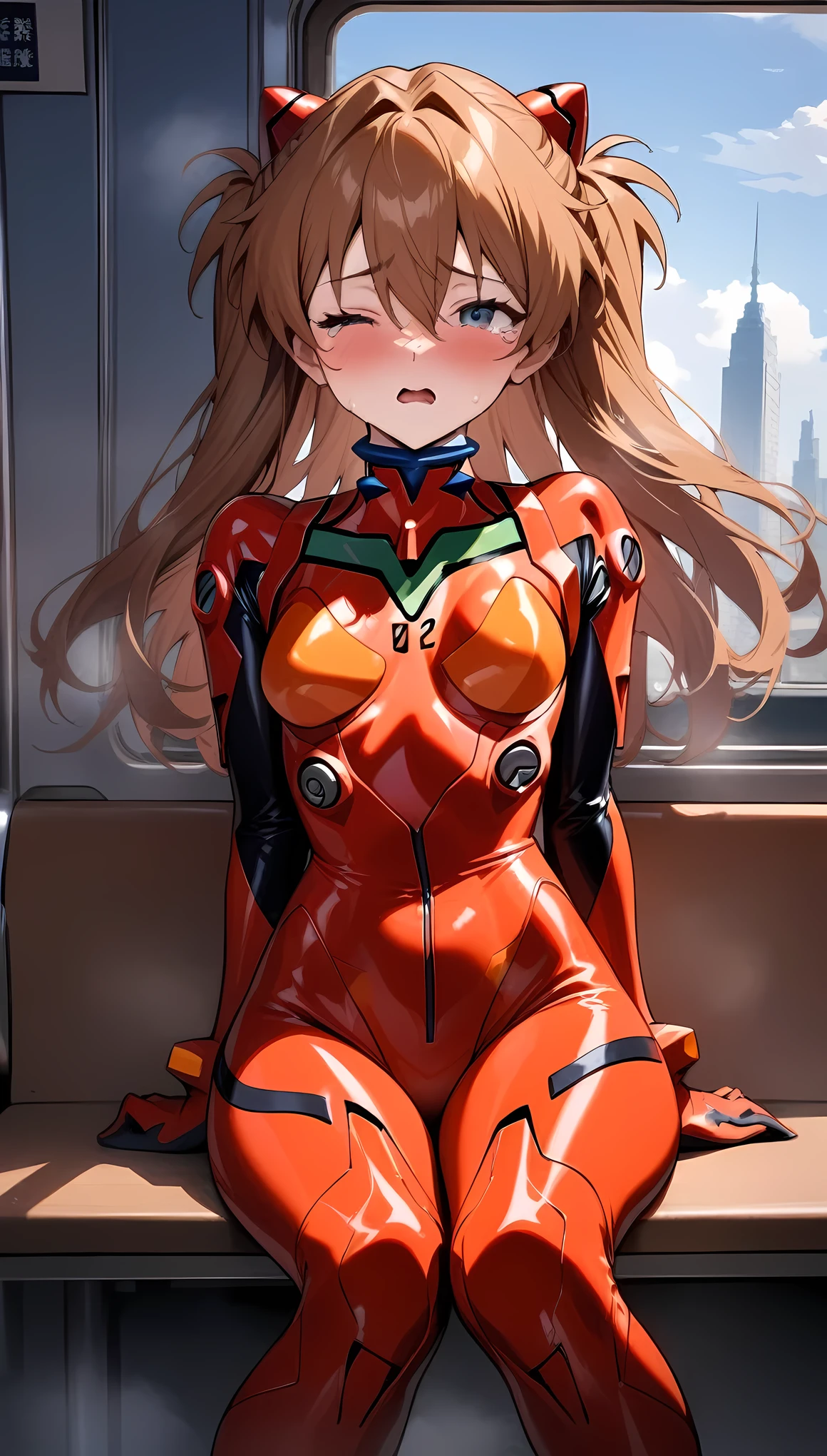 masterpiece, best quality, very aesthetic, absurdres, newest,1girl,blush,delicate face,tears,one eye closed, huge ,orgasm,semen on thighs,souryuu asuka langley, neon genesis evangelion, rebuild of evangelion, plugsuit, pilot suit, red bodysuit,,on a bench in a train,the sun set, city landscape over the window,