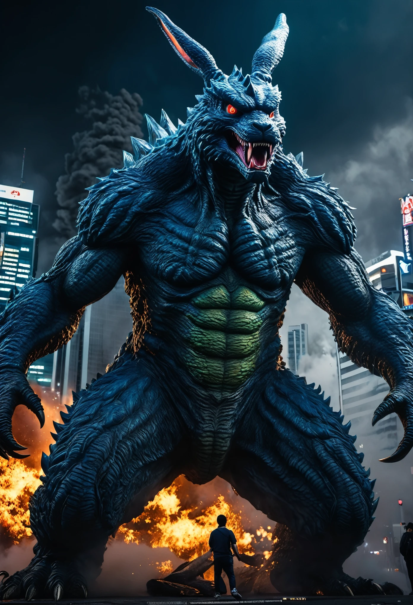 detailed kaiju monsters fighting in tokyo,bunny-eared kaiju,tokyo cityscape on fire,giant monsters rampage,highly detailed giant monsters,epic battle of kaiju,hyper-realistic kaiju creatures,photorealistic kaiju,cinematic kaiju battle scene,dynamic kaiju action,dramatic lighting kaiju fight,vibrant colors kaiju,incredibly detailed kaiju anatomy,powerful kaiju monsters,monstrous scale kaiju,awe-inspiring kaiju titans,(best quality,8k,highres,masterpiece:1.2),ultra-detailed,(realistic,photorealistic,photo-realistic:1.37),cinematic composition,dramatic lighting,vivid colors,dynamic action
