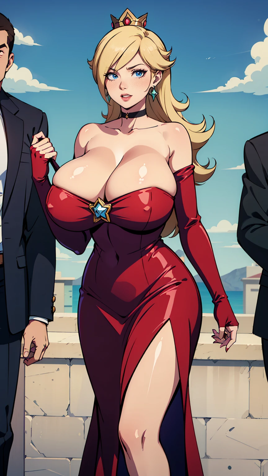 rosalina, crown, red dress, long dress, strapless dress, backless dress, long white elbow gloves, smile, light red lipstick, dark blue eye shadow, makeup, black choker, cowboy shot, (((gigantic breasts))), (((cleavage Focus))), (a man's hand pulling down her dress to see her breasts), (man's hand exposing her breasts), (man undressing Rosalina breasts), (they seek to bare their breasts), (man baring his tits), (man's pulling up her dress to show her tits), (man want bare the breasts)