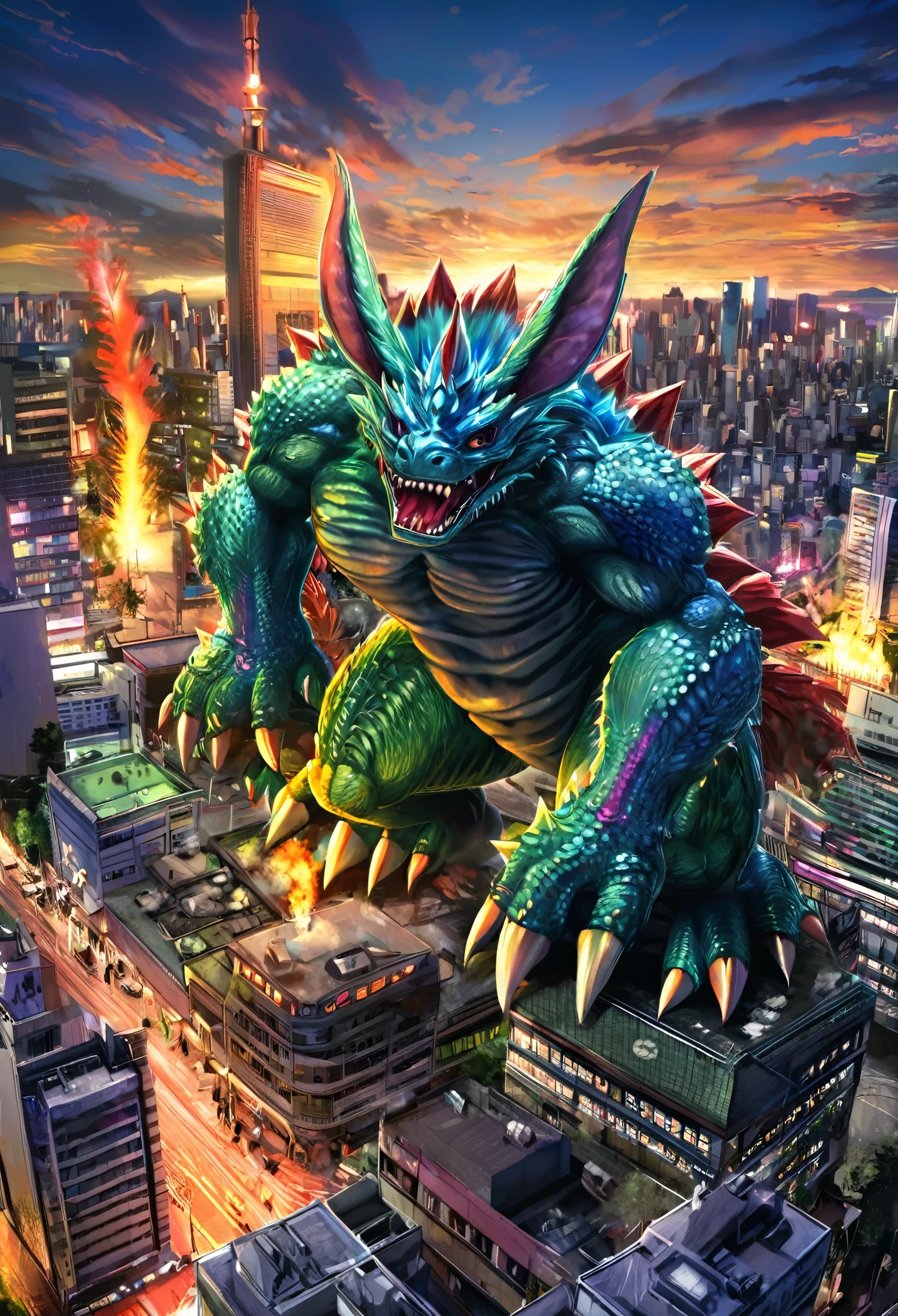 detailed kaiju monsters fighting in tokyo,bunny-eared kaiju,tokyo cityscape on fire,giant monsters rampage,highly detailed giant monsters,epic battle of kaiju,hyper-realistic kaiju creatures,photorealistic kaiju,cinematic kaiju battle scene,dynamic kaiju action,dramatic lighting kaiju fight,vibrant colors kaiju,incredibly detailed kaiju ???????,powerful kaiju monsters,monstrous scale kaiju,awe-inspiring kaiju titans,(best quality,8k,highres,masterpiece:1.2),ultra-detailed,(realistic,photorealistic,photo-realistic:1.37),cinematic composition,dramatic lighting,vivid colors,dynamic action
