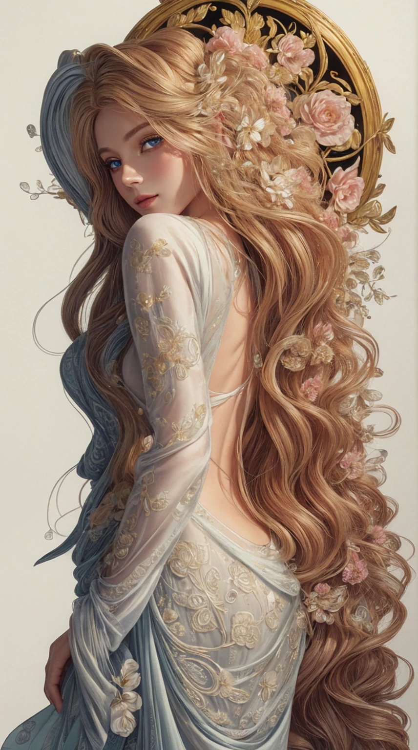 High quality, 8K Ultra HD, etching aquatint, Fine lines and shadows, In the heart of a floral fantasy wonderland., see the captivating and unearthly spirit of a beautiful girl, gracefully decorated with the scent of a blooming flower, Her golden long flowing hair, golden like silk threads, gracefully rolls down your back, intertwined with delicate floral accents, that reflect the surrounding flowers. Her eyes, the color of the deepest forest emerald, sparkle with a touch of magic and mystery, reflecting the beauty of a flower symphony, which surrounds her, With the clarity and detail of 8K Ultra HD images, every petal, Every shade, and every expression of her otherworldly charm comes to life in vibrant splendor.,Stunning full color, Incredibly beautiful young fatal blonde with golden hair, she has blue eyes, long golden hair beautifully styled, Masterpiece, detailed study of the face, beautiful face, beautiful facial features, perfect image, realistic pictures, detailed study of faces, full-length image, 8k, detailed image, extremely detailed illustration, a real masterpiece of the highest quality, with careful drawing. detailed eyes, beautiful face, blue eyes, smoky eyes, blonde long hair with a red ribbon, blonde, smile,
