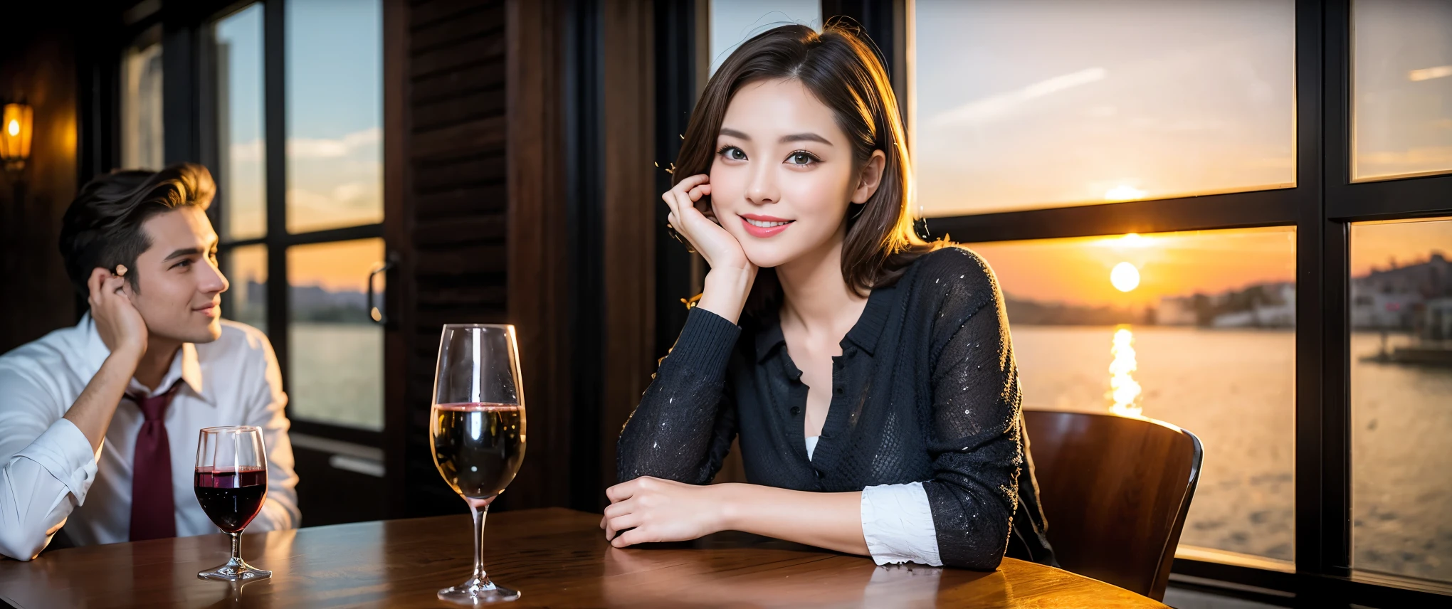 (highest quality、8k、masterpiece:1.3)、Beautiful woman with perfect figure:1.4、Dark brown hair、Wine Party 、2 people、Highly detailed face and skin、Fine grain、double eyelid、Huge Mile、30th generation、Sex Appeal、テーブルにwine glass、Facial lighting、 Amazing view of the sunset sky and clouds、Amazing mountain views、ニコニコ明るいsmile、smileの素敵な女性、Bright image、The beauty of wine, Beautiful Face, blue eyes, Blushing, short hair,Bright Face、Fox face、 (Age 37), 39 years old, Lady、red wine 、Appetizers、Italian food、wine bottle、Champagne、sparkling wine、Two beauties、Brown Hair、Shortcuts、Long sleeve shirt、dress、Pretty Woman 1, (slimな顔), (The body is slim), (Brown Hair), (Shortcuts), cheeks turn a little red,Attractive beauty、, Out of the window, A beautiful and detailed night view unfolds.........., restaurant, In a prominent place (From the waist up) Nova Frog Style, actress, model, Upper Body, White wine, slim, wine glass, 真ん中に置かれたwine glass, smile, (smile: 1.15), Beautiful fine grain, Depth f/2,saturation, High Contrast, Strong light and shadow,Moist Body:1.5、3D texture、Delicate eyes、Brown Hair、The hair is very shiny、
