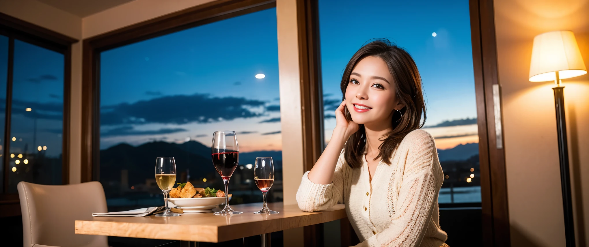 (highest quality、8k、masterpiece:1.3)、Beautiful woman with perfect figure:1.4、Dark brown hair、Wine Party 、2 people、Highly detailed face and skin、Fine grain、double eyelid、Huge Mile、30th generation、Sex Appeal、テーブルにwine glass、Facial lighting、 Amazing view of the sunset sky and clouds、Amazing mountain views、ニコニコ明るいsmile、smileの素敵な女性、Bright image、The beauty of wine, Beautiful Face, blue eyes, Blushing, short hair,Bright Face、Fox face、 (Age 37), 39 years old, Lady、red wine 、Appetizers、Italian food、wine bottle、Champagne、sparkling wine、Two beauties、Brown Hair、Shortcuts、Long sleeve shirt、dress、Pretty Woman 1, (slimな顔), (The body is slim), (Brown Hair), (Shortcuts), cheeks turn a little red,Attractive beauty、, Out of the window, A beautiful and detailed night view unfolds.........., restaurant, In a prominent place (From the waist up) Nova Frog Style, actress, model, Upper Body, White wine, slim, wine glass, 真ん中に置かれたwine glass, smile, (smile: 1.15), Beautiful fine grain, Depth f/2,saturation, High Contrast, Strong light and shadow,Moist Body:1.5、3D texture、Delicate eyes、Brown Hair、The hair is very shiny、