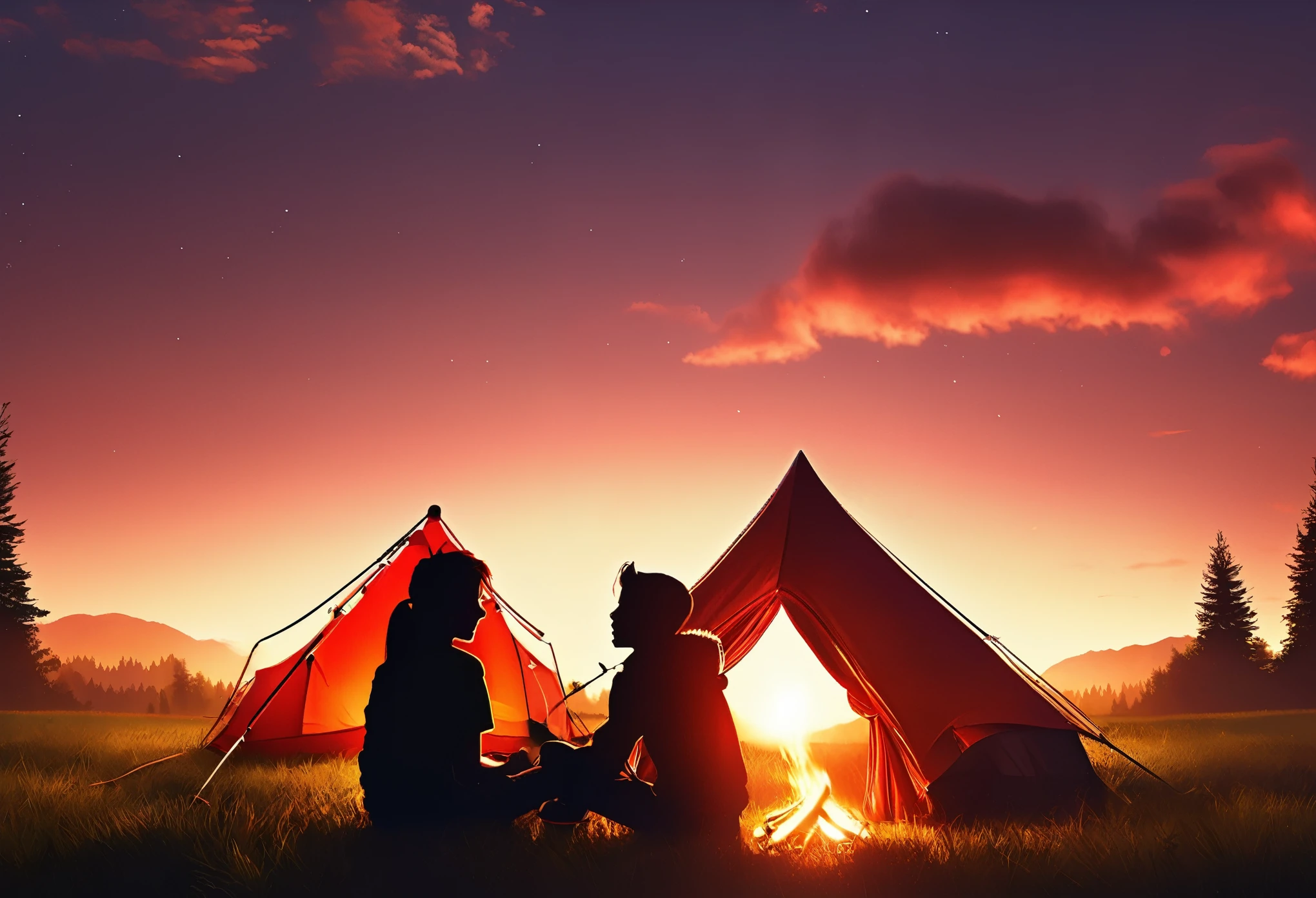 ultimate quality, photorealistic, high resolution, 8k, masterpiece,
Outdoor Camping, outdoors, boy and girl, sitting, happy talk, camping tent, all silhouette, campfire, grass, scenery, sunset, red sky