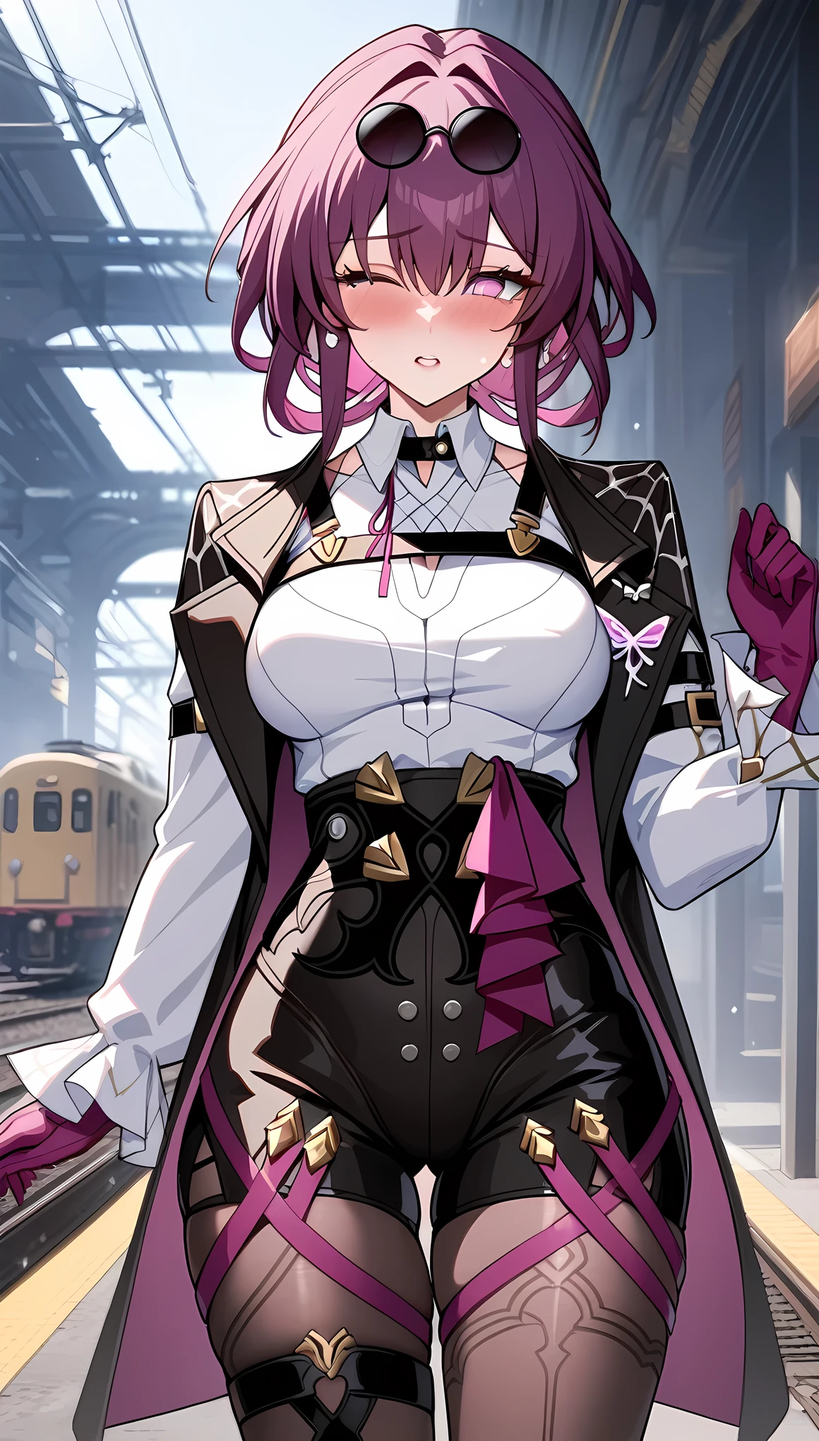 masterpiece, best quality, very aesthetic, absurdres, newest,1girl,blush,delicate face,tears,one eye closed, huge ,orgasm,semen on thighs,kafka_(honkai:_star_rail), honkai:_star_rail, honkai_(series), 1girl, arm_belt, asymmetrical_legwear, belt, black_jacket, black_shorts, boots, breasts, butterfly_ornament, collared_shirt, eyewear_on_head, gloves, hair_between_eyes, high-waist_shorts, jacket, knee_boots, large_breasts, long_hair, multiple_belts, open_clothes, open_jacket, pantyhose, pantyhose_under_shorts, purple_eyes, purple_gloves, purple_hair, purple_pantyhose, round_eyewear, shirt, short_shorts, shorts, sidelocks, sunglasses, white_shirt，,by the railway