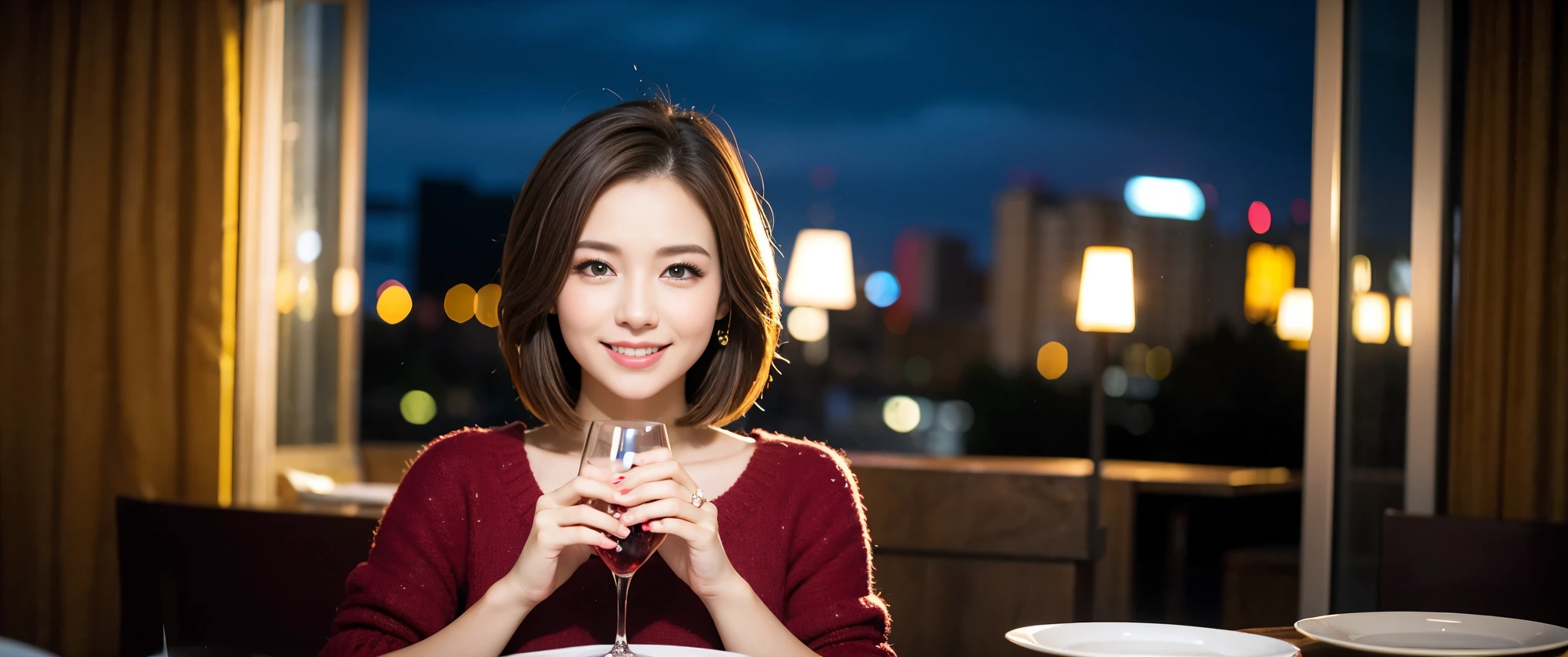 (highest quality、8k、masterpiece:1.3)、Beautiful woman with perfect figure:1.4、Dark brown hair、Wine Party 、2 people、Highly detailed face and skin、Fine grain、double eyelid、Huge Mile、30th generation、Sex Appeal、テーブルにwine glass、Facial lighting、 Amazing view of the sunset sky and clouds、Amazing mountain views、ニコニコ明るいsmile、smileの素敵な女性、Bright image、The beauty of wine, Beautiful Face, blue eyes, Blushing, short hair,Bright Face、Fox face、 (Age 37), 39 years old, Lady、red wine 、Appetizers、Italian food、wine bottle、Champagne、sparkling wine、Two beauties、Brown Hair、Shortcuts、Long sleeve shirt、dress、Pretty Woman 1, (slimな顔), (The body is slim), (Brown Hair), (Shortcuts), cheeks turn a little red,Attractive beauty、, Out of the window, A beautiful and detailed night view unfolds.........., restaurant, In a prominent place (From the waist up) Nova Frog Style, actress, model, Upper Body, White wine, slim, wine glass, 真ん中に置かれたwine glass, smile, (smile: 1.15), Beautiful fine grain, Depth f/2,saturation, High Contrast, Strong light and shadow,Moist Body:1.5、3D texture、Delicate eyes、Brown Hair、The hair is very shiny、