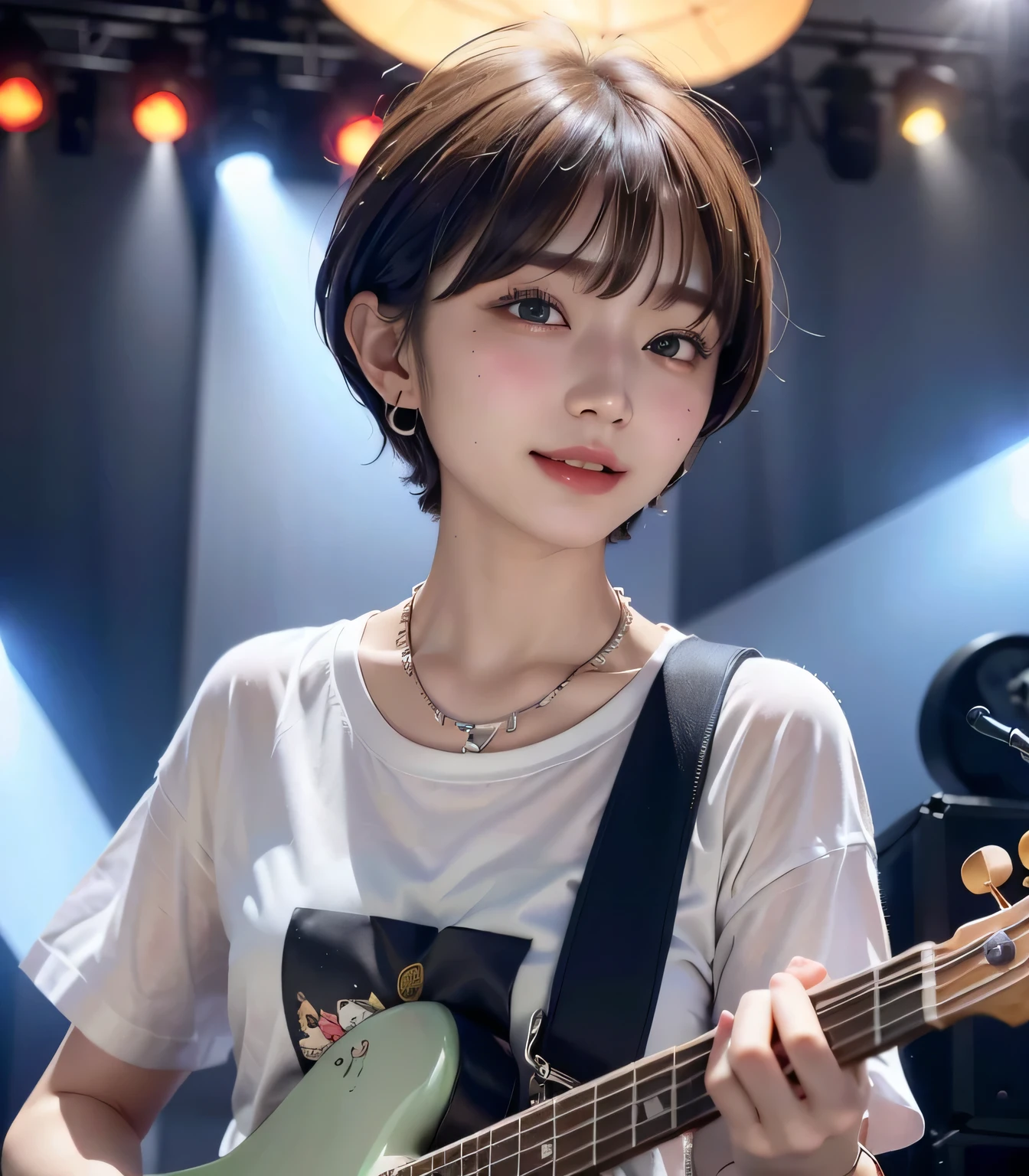 (highest quality:1.4)、(masterpiece:1.4)、RAW Photos、8k、((Best image quality))、 ((High resolution))、Beautiful face in every detail、Realistic human skin、Gentle expression、(One Woman:1.3 )、Realistic、Photorealistic、(short hair:1.4)、(Beautiful woman)、(Cute Japanese Girl)、(boyish:1.3)、(mannish)、((Beautiful woman))、(Beautiful Hair)、((Dark brown hair))、(((Red cheeks)))、(Her eyes are big:1.3)、20 year old beauty、(Her face is small:1.5)、Small Head、((Long neck))、Pale skin、Immaculate skin、With bangs、Everyone longs for、Beautiful woman in Japan、((eight-headed body))、(necklace)、(Music Festival:1.4)、((blue sky))、singer、(Concert T-shirts)、smile、(Larger clothes:1.3)、Happy expression、(Bass guitar:1.3)、(on stage:1.3)、((I can see the sky))、Stand microphone、Wristband、bracelet、((Young women respect her))、Charismatic Model、She has a lot of fans、rock band、(enjoy)、Blushing