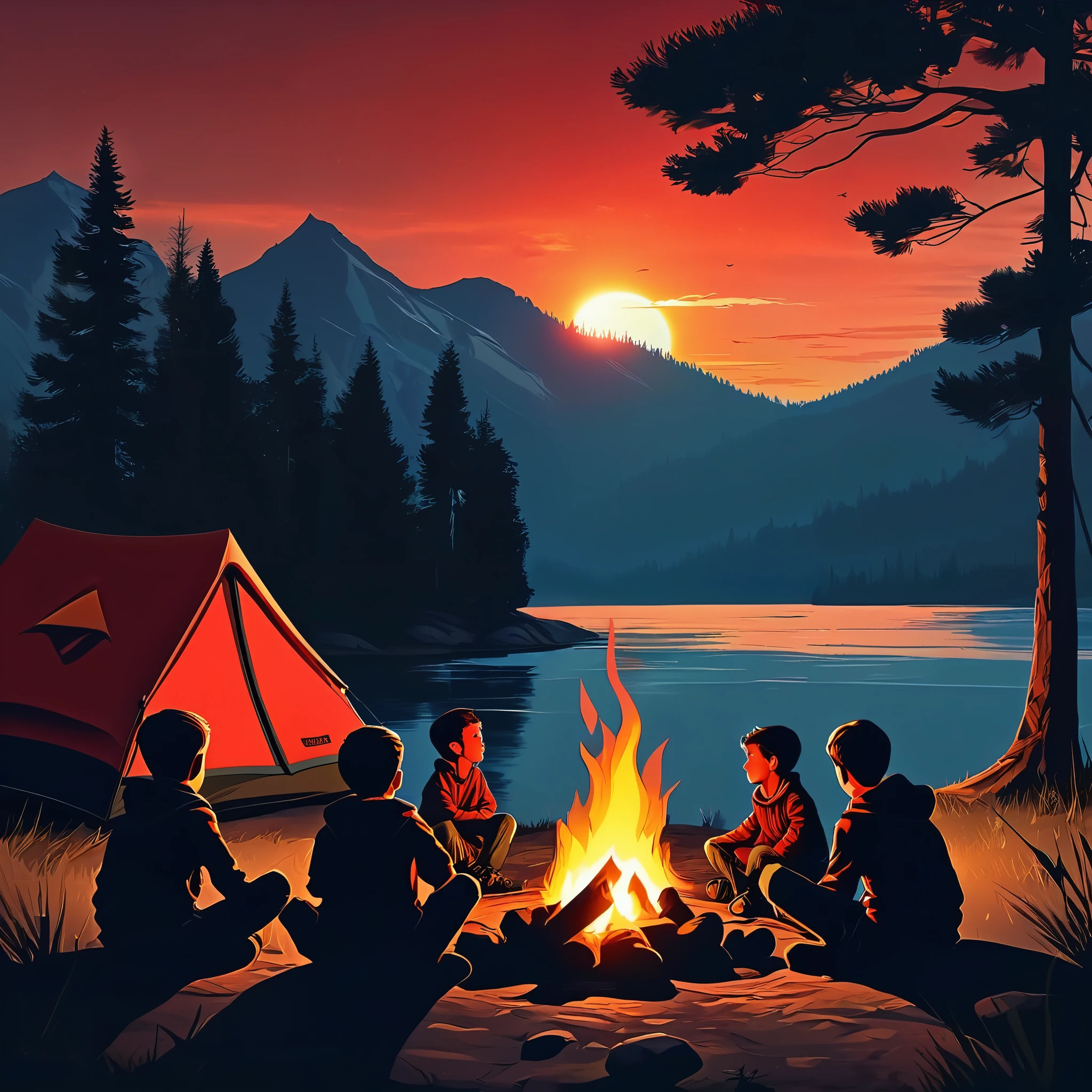 ultimate quality, photorealistic, high resolution, 8k, masterpiece,
Outdoor Camping, outdoors, multiple boys, sitting, camping tent, all silhouette, campfire, scenery, sunset, red sky