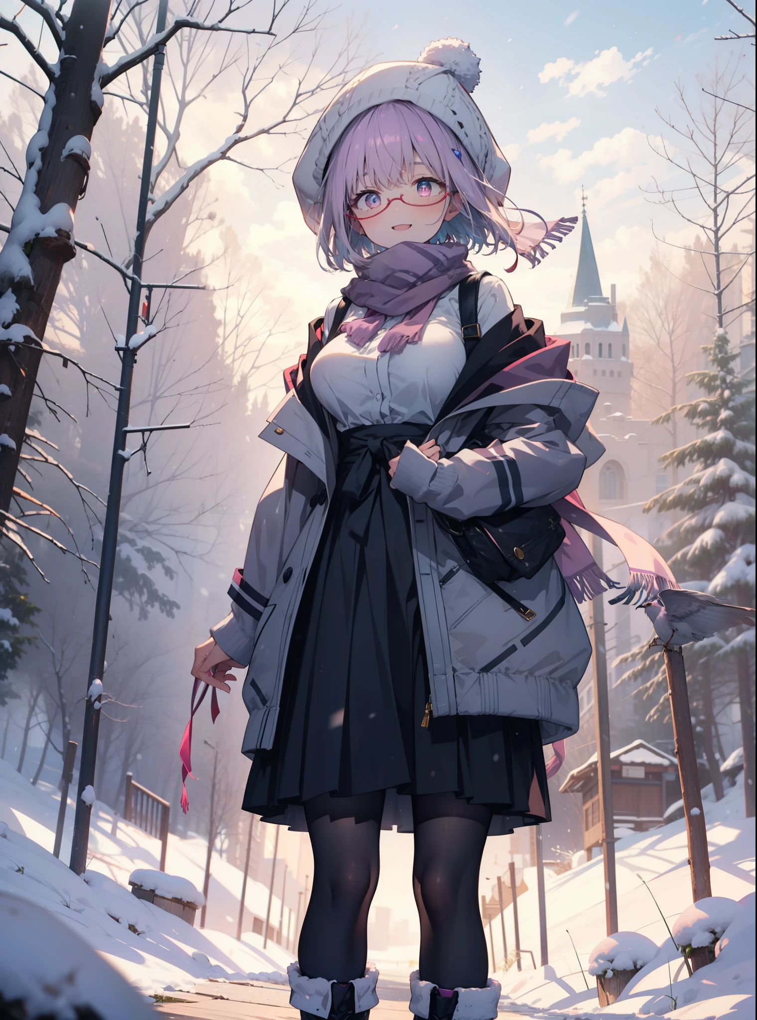 akaneshinjou, shinjou akane, Light purple hair, (Pink Eyes:1.2), short hair,Akagi Glasses,hair band,,White Breath,Big Breasts,Purple coat,White sweater,happy smile, smile, Open your mouth,Black long skirt,Gray pantyhose,Red scarf,short boots,Knitted hat,Daytime,cloudy,snow,snowが降り積もっている,whole bodyがイラストに入るように,Looking down from above,
 break looking at viewer,whole body,               　　　　　　　 break outdoors 森, nature, 　　　　　　　　　　　break (masterpiece:1.2), highest quality, High resolution, unity 8k wallpaper, (shape:0.8), (Beautiful and beautiful eyes:1.6), Highly detailed face, Perfect lighting, Extremely detailed CG, (Perfect hands, Perfect Anatomy),