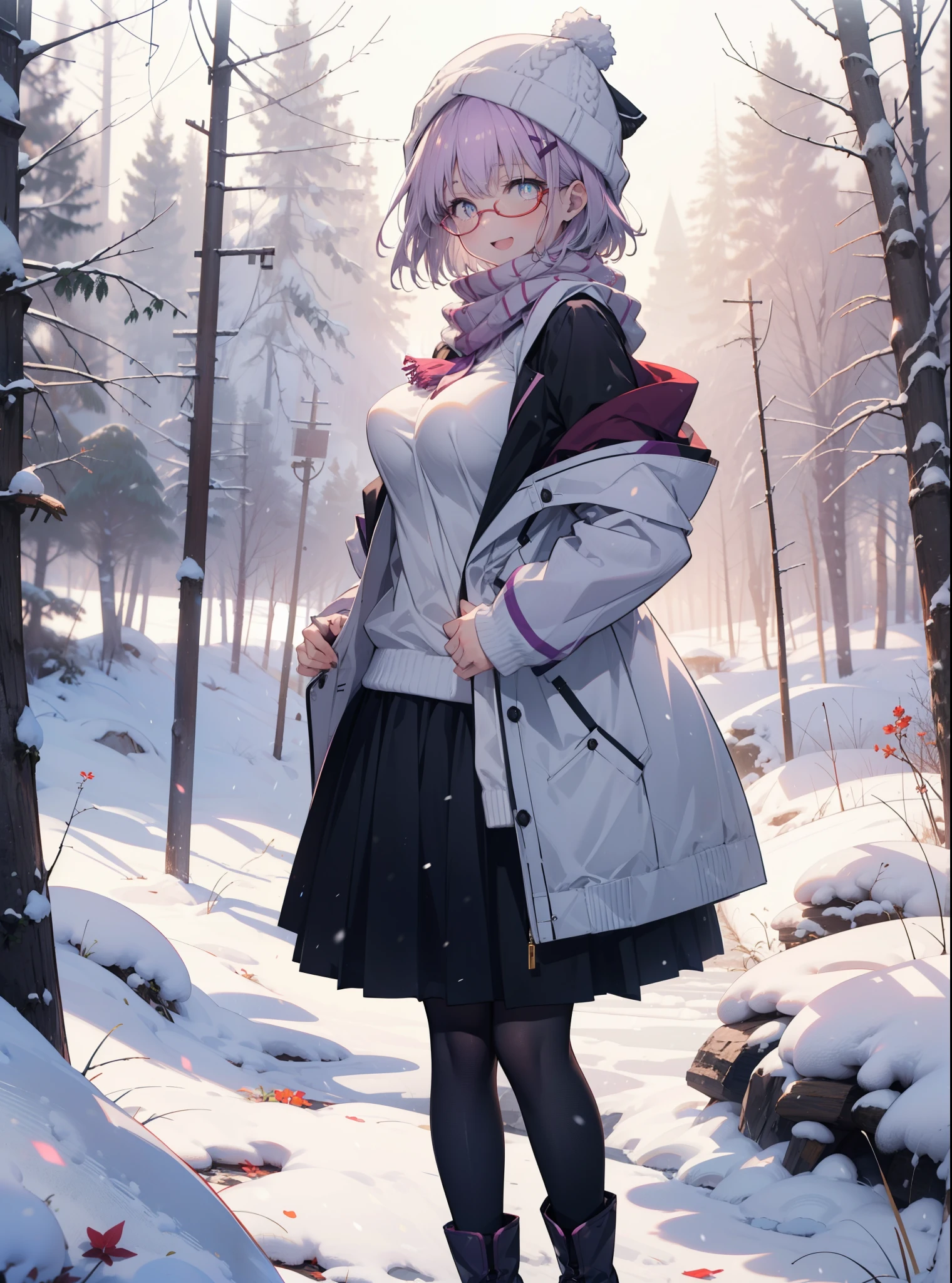 akaneshinjou, shinjou akane, Light purple hair, (Pink Eyes:1.2), short hair,Akagi Glasses,hair band,,White Breath,Big Breasts,Purple coat,White sweater,happy smile, smile, Open your mouth,Black long skirt,Gray pantyhose,Red scarf,short boots,Knitted hat,Daytime,cloudy,snow,snowが降り積もっている,whole bodyがイラストに入るように,Looking down from above,
 break looking at viewer,whole body,               　　　　　　　 break outdoors 森, nature, 　　　　　　　　　　　break (masterpiece:1.2), highest quality, High resolution, unity 8k wallpaper, (shape:0.8), (Beautiful and beautiful eyes:1.6), Highly detailed face, Perfect lighting, Extremely detailed CG, (Perfect hands, Perfect Anatomy),