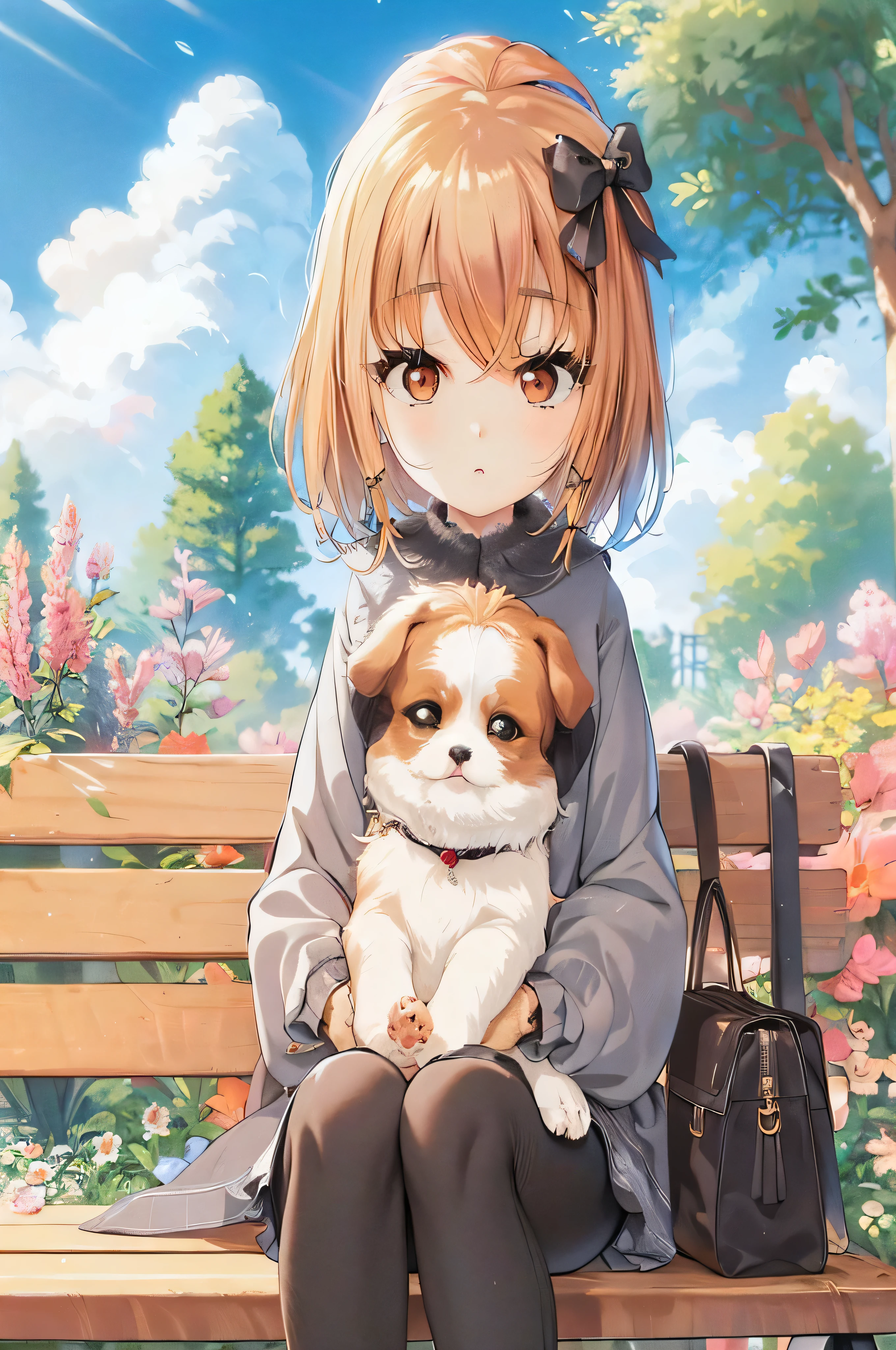 garota de anime sentada em um banco com um cachorro pequeno, visual de anime de uma linda garota, arte oficial do anime, cute anime, arte oficial, mudar, estilo de arte fofo, estilo de anime fofo, estilo de arte anime moe, pequena garota Mudar, linda garota de anime, cachorro fofo kawaii, capa de anime, animes de splash art , arte oficial, awwwwww, estilo visual de anime