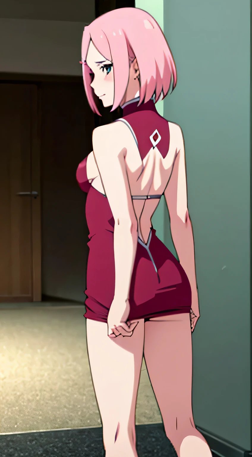 beautiful mature sakura haruno blushing, ((perfect body)), ((small breasts)), ((from behind)), ((looking at viewer)), ((sexy clothing)), ((thin legs))