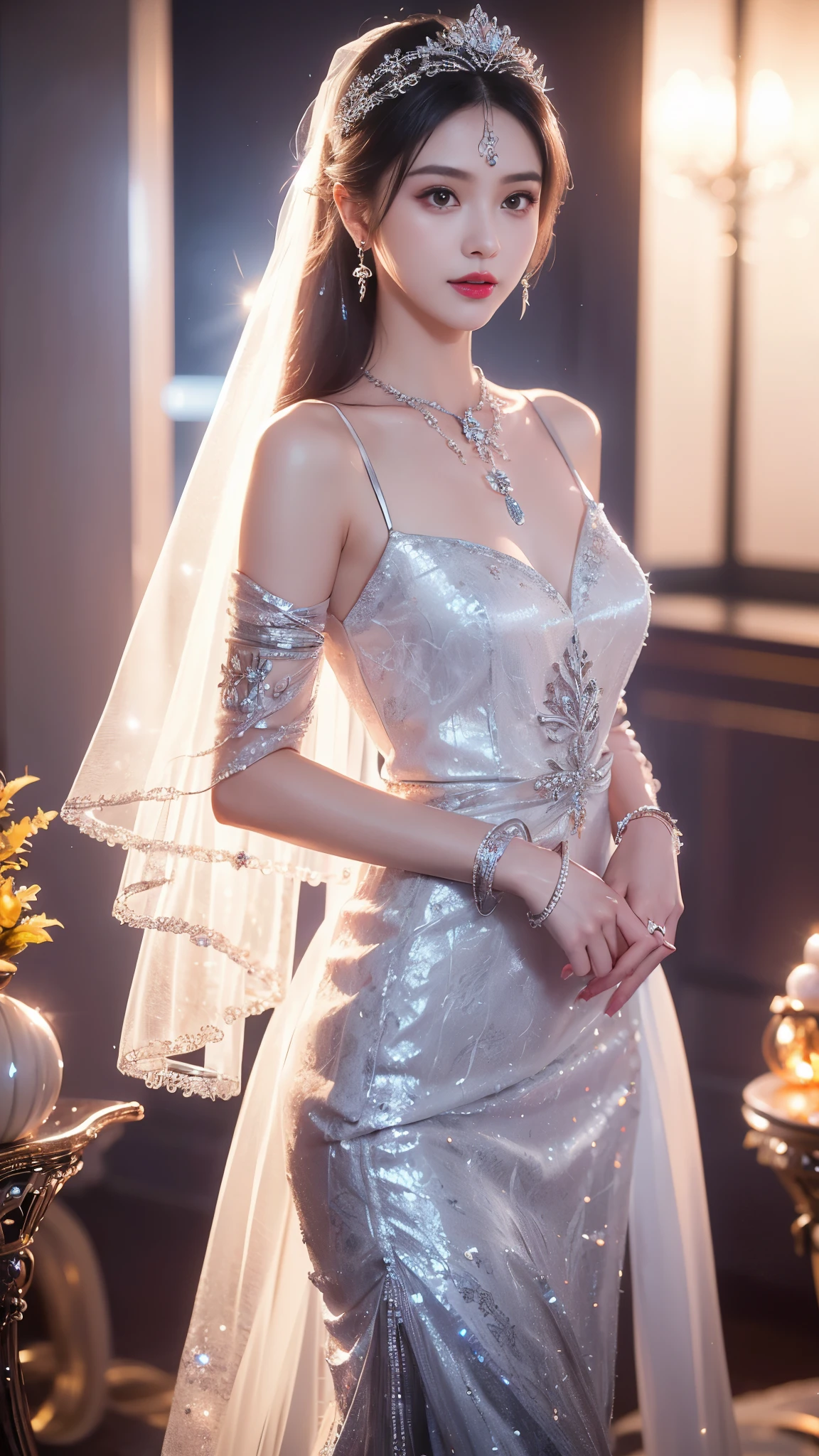 4K, UHD, masterpeice, 1 girl, good face, happy face, ((white skin)), detailed eyes, detailed lipstick, very long hair, straight hair, very long hair, beautiful hair, hair ornaments, hairband, gradient hair, ((silver mesh)), ((princess clothing)), ((decorated clothing)), ((sardine)), ((sparkle clothing)), ((silver lace)), ((diamond bracelet)), ((pendant)), ((ornaments:1.5)), necklace, earring, high lighting, ((in the wedding stage)), fujicolor, depth of field, ray tracing, ultra realistic detailes, standing with the wall,