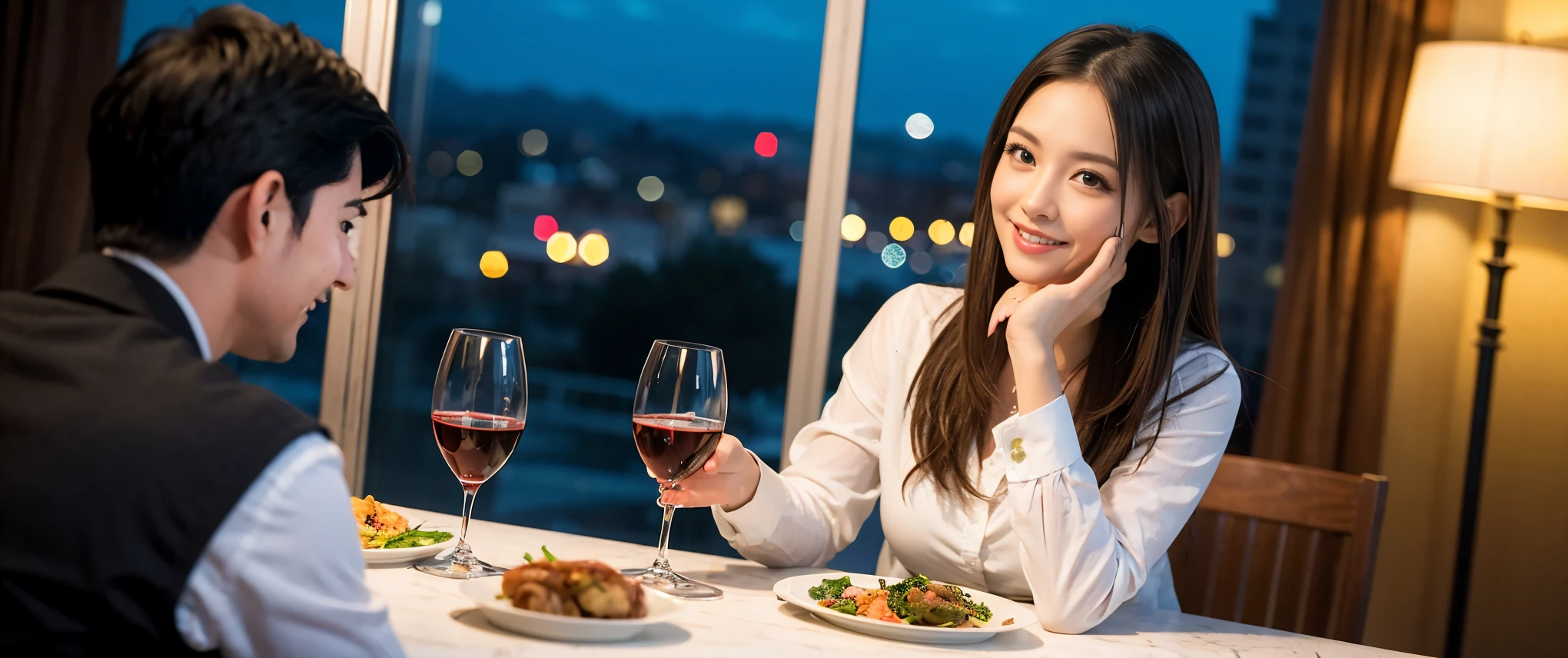 (highest quality、8k、masterpiece:1.3)、Beautiful woman with perfect figure:1.4、Dark brown hair、Wine Party 、2 people、Highly detailed face and skin、Fine grain、double eyelid、Huge Mile、30th generation、Sex Appeal、テーブルにwine glass、Facial lighting、 Amazing view of the sunset sky and clouds、Amazing mountain views、ニコニコ明るいsmile、smileの素敵な女性、Bright image、The beauty of wine, Beautiful Face, blue eyes, Blushing, short hair,Bright Face、Fox face、 (Age 37), 39 years old, Lady、red wine 、Appetizers、Italian food、wine bottle、Champagne、sparkling wine、Two beauties、Brown Hair、Shortcuts、Long sleeve shirt、dress、Pretty Woman 1, (slimな顔), (The body is slim), (Brown Hair), (Shortcuts), cheeks turn a little red,Attractive beauty、, Out of the window, A beautiful and detailed night view unfolds.........., restaurant, In a prominent place (From the waist up) Nova Frog Style, actress, model, Upper Body, White wine, slim, wine glass, 真ん中に置かれたwine glass, smile, (smile: 1.15), Beautiful fine grain, Depth f/2,saturation, High Contrast, Strong light and shadow,Moist Body:1.5、3D texture、Delicate eyes、Brown Hair、The hair is very shiny、