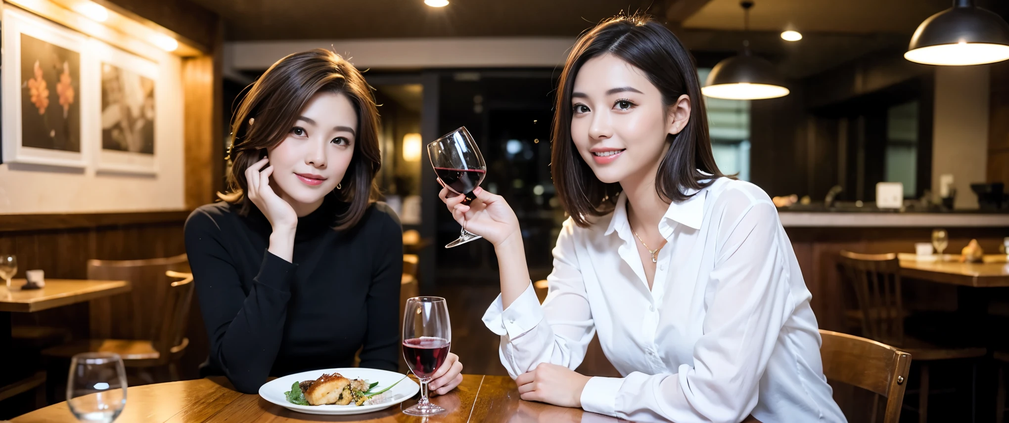 (highest quality、8k、masterpiece:1.3)、Beautiful woman with perfect figure:1.4、Dark brown hair、Wine Party 、2 people、Highly detailed face and skin、Fine grain、double eyelid、Huge Mile、30th generation、Sex Appeal、テーブルにwine glass、Facial lighting、 Amazing view of the sunset sky and clouds、Amazing mountain views、ニコニコ明るいsmile、smileの素敵な女性、Bright image、The beauty of wine, Beautiful Face, blue eyes, Blushing, short hair,Bright Face、Fox face、 (Age 37), 39 years old, Lady、red wine 、Appetizers、Italian food、wine bottle、Champagne、sparkling wine、Two beauties、Brown Hair、Shortcuts、Long sleeve shirt、dress、Pretty Woman 1, (slimな顔), (The body is slim), (Brown Hair), (Shortcuts), cheeks turn a little red,Attractive beauty、, Out of the window, A beautiful and detailed night view unfolds.........., restaurant, In a prominent place (From the waist up) Nova Frog Style, actress, model, Upper Body, White wine, slim, wine glass, 真ん中に置かれたwine glass, smile, (smile: 1.15), Beautiful fine grain, Depth f/2,saturation, High Contrast, Strong light and shadow,Moist Body:1.5、3D texture、Delicate eyes、Brown Hair、The hair is very shiny、