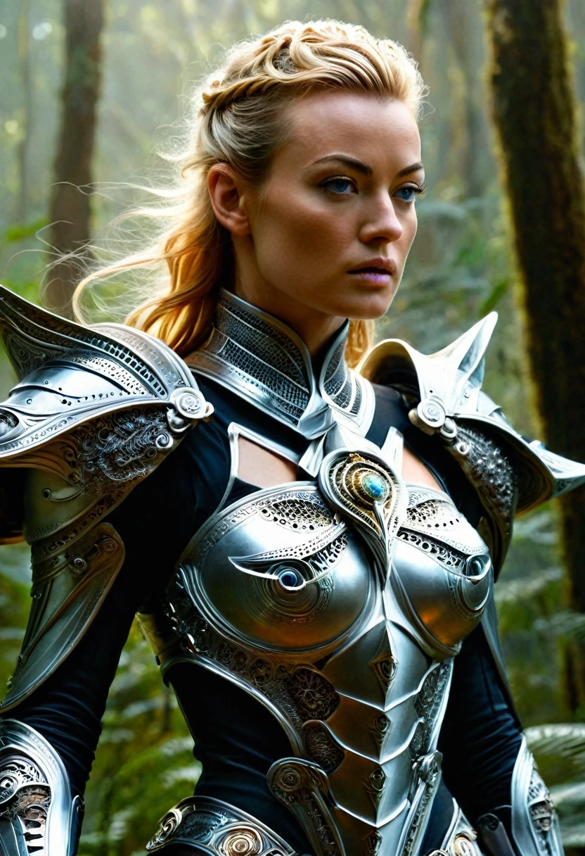 ((Yvonne Strahovski is a beautiful ethereal knight, cheveux blanc neige)), in the style of Boris Vallejo,  highly detailed sexy biomechanical armor, very detailed face, highly detailed skin, slender body, ((Des proportions parfaites, poitrine push-up, longues jambes, photo corps entier, marche vers moi, abdominaux légèrement dessinés, debout, toute hauteur)), Heavy metal aesthetics, fond futuriste de haute fantaisie, High quality, masterpiece, Realistic photo, Complex and detailed, 8k, hdr, faible profondeur de champ, Wide light, high contrast, backlight, Sharpness, Photo couleur brute, en regardant la caméra, couleurs fraîches, Amazon forest 