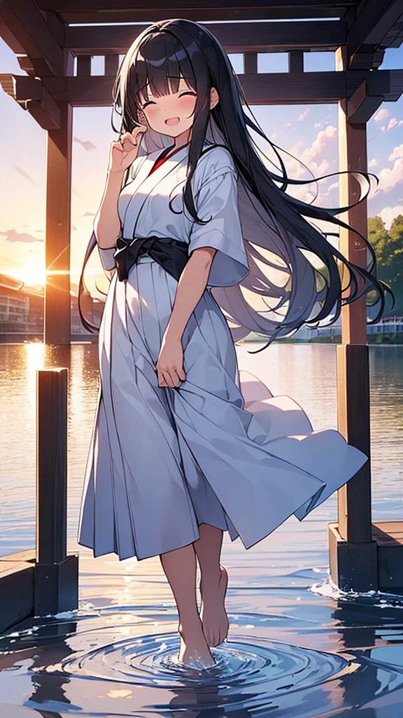 (Masterpiece, Top quality: 1.5) ,4K, (walking up the stairs on water :1.4),from behind, 1 beautiful girl, solo, black hair, wave goodbye, (white hakama :1.3), off shoulder, barefoot, long hair, wave hair, (junior high school student:1.2), medium breasts, standard weight, smile, blush:1.2, (crying:1.3), closed eyes, open mouth, beautiful scene of lake, (all around  the lake:1.2), Horizon, magnificent panorama view, sunset, back lighting