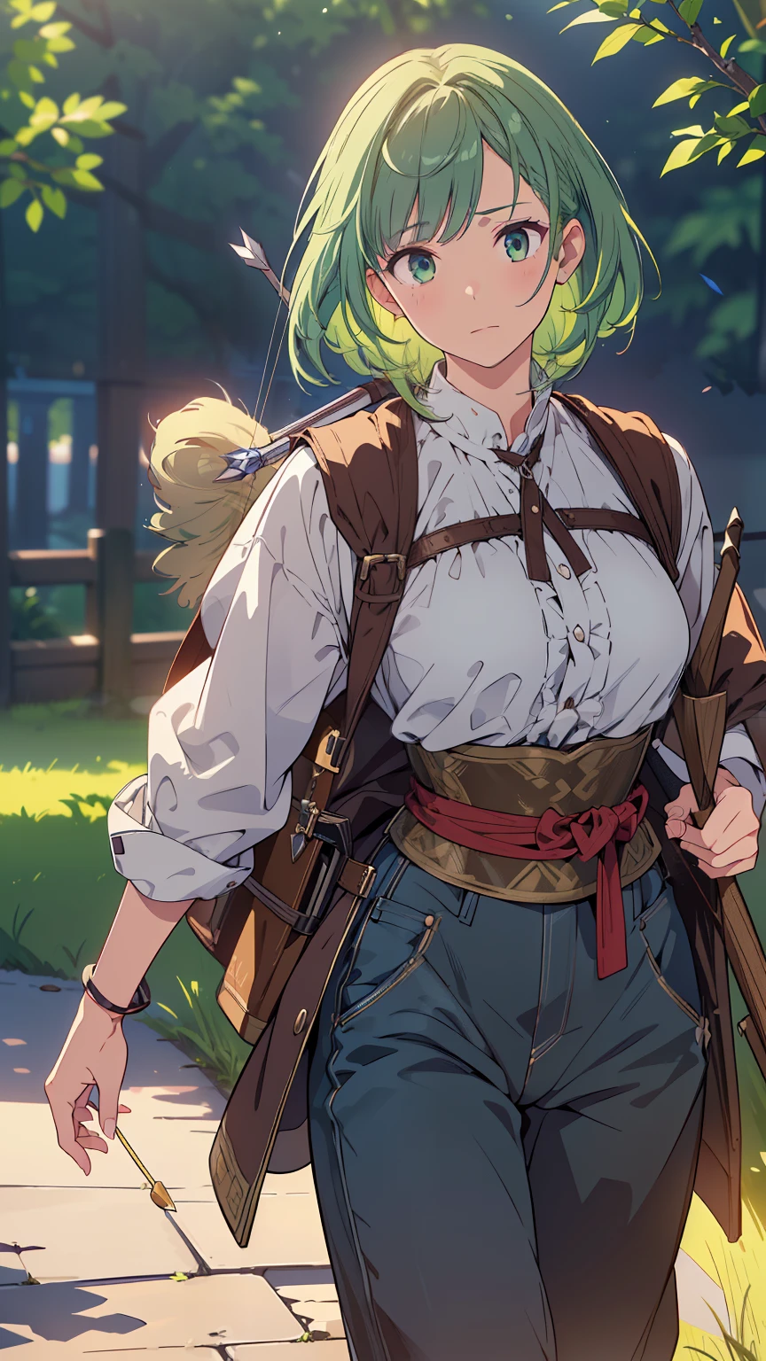 ((Top quality, 4k, 8k, high resolution, masterpiece: 1.2))), (super detailed), (realistic), (photorealistic), (photorealistic: 1.37), (HDR, UHD), (studio (lighting), ultra-fine drawing, sharp focus, physically based rendering, highly detailed, professional, vibrant colors, fantasy, medieval europe, hunter, Archer, whole body, green hair, middle hair, With an indifferent expression, dressed lightly and carrying a bow and quiver of arrows on her back, pantaloons, walking,