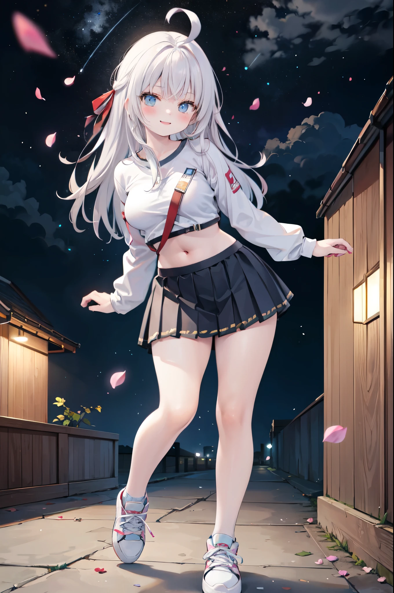 realistic image, detailed image, coherent image, 1 beautiful girl, she has very long hair, white hair, light blue eyes, smiling expression. She is wearing a long-sleeved t-shirt, showing her navel, a pleated miniskirt, sneakers, She has a curvy body, medium breasts and thick thighs, She is posing sensually, lifting her skirt a little, arching her back, black background, uniform background, starry night, flower petals falling around, Soft focus, full body view, Dramatic shadows, Volumetric lighting, natural lighting,Alisa Mikhailovna Kujou,ahoge