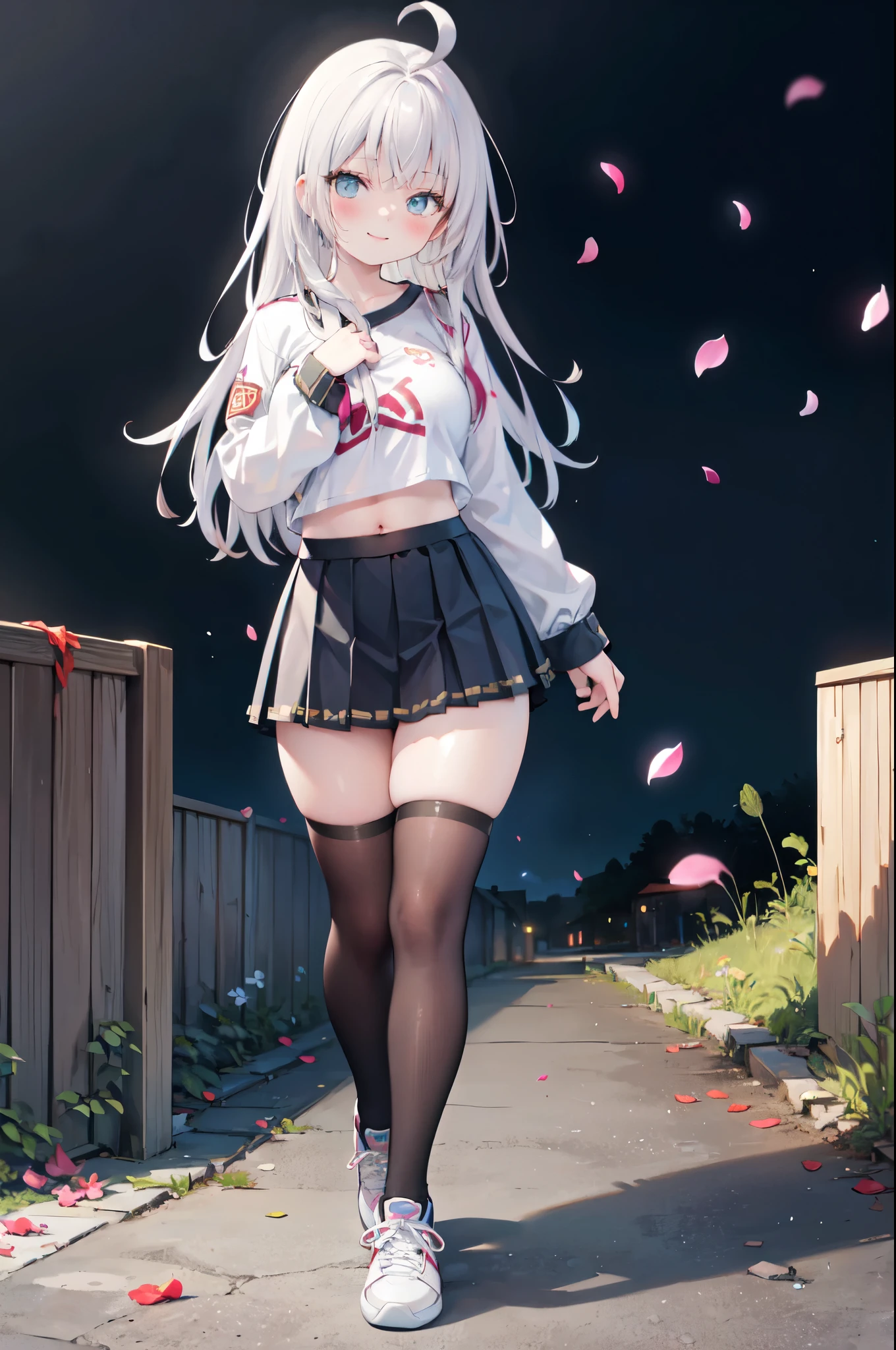 realistic image, detailed image, coherent image, 1 beautiful girl, she has very long hair, white hair, light blue eyes, smiling expression. She is wearing a long-sleeved t-shirt, showing her navel, a pleated miniskirt, sneakers, She has a curvy body, medium breasts and thick thighs, She is posing sensually, lifting her skirt a little, arching her back, black background, uniform background, starry night, flower petals falling around, Soft focus, full body view, Dramatic shadows, Volumetric lighting, natural lighting,Alisa Mikhailovna Kujou,ahoge