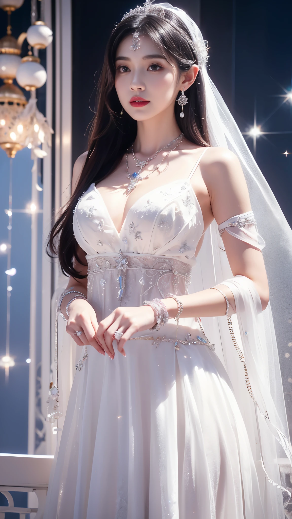 4K, UHD, masterpeice, 1 girl, good face, happy face, ((white skin)), detailed eyes, detailed lipstick, very long hair, straight hair, very long hair, beautiful hair, hair ornaments, hairband, gradient hair, ((white mesh)), ((princess clothing)), ((decorated clothing)), ((sardine)), ((sparkle clothing)), ((white lace)), ((diamond bracelet)), ((pendant)), ((ornaments:1.5)), necklace, earring, high lighting, ((in the wedding stage)), fujicolor, depth of field, ray tracing, ultra realistic detailes, standing with the wall,