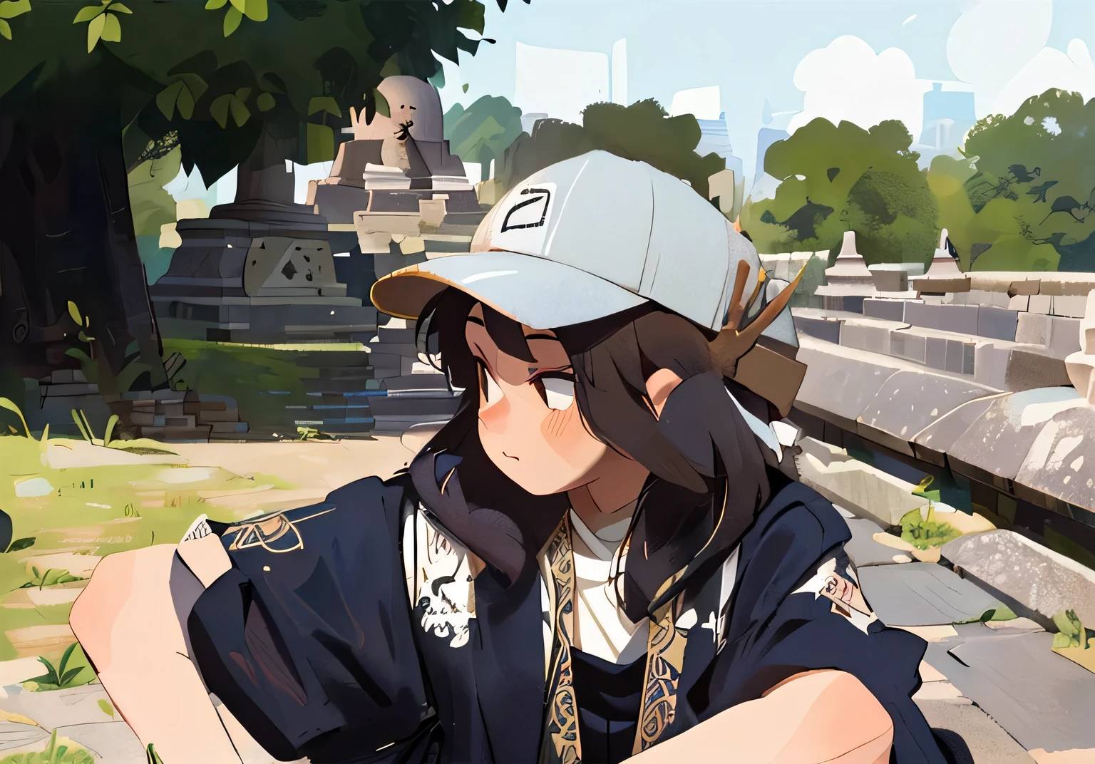 there is a woman sitting on a bench wearing a hat, at borobudur, taken with canon 8 0 d, at an ancient city, temples behind her, wearing a travel hat, random artist, profile shot, inspired by I Ketut Soki, photo taken in 2 0 2 0, wearing baseball cap, with hat, nivanh chanthara, clear face, porpotionate face