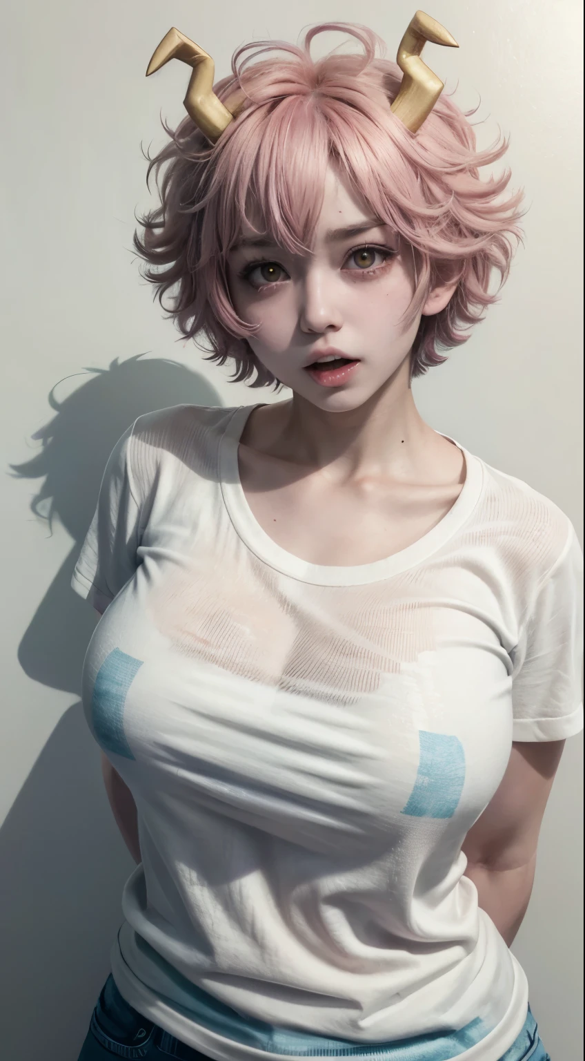 mina ashido, 1girl, solo, breasts, short hair, medium breasts, shirt, white background, collarbone, yellow eyes, upper body, pink hair, short sleeves, horns, teeth, colored skin, blue shirtteeth, happy, colored sclera, emphasis lines, black sclera, pink skin