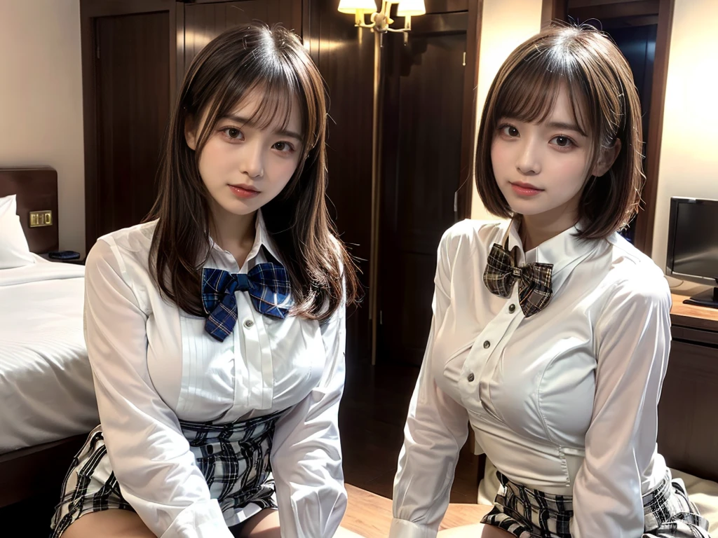masutepiece、Ultra High Quality、Perfect Anatomy、hight resolution、2 girls in、(Face each other and press chest to chest:1.8)、Shoot from above、(((short-hair)、Beautiful black hair))、(Beautiful eyes、A detailed eye、drooing eyes、Natural eyeedium tits:1.8)、((Beautiful legs、((Closed legs))、(Hands between the legs)、(Chest between arms)))、((School uniform、(Tight white blouse shirt:1.4)、(Plaid miniskirt)、(bowtie)))、hi-school girl、The background is a luxury hotel room))