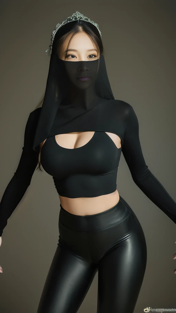 （lifelike， high - resolution：1.3），full body , 1 girl with a perfect body， Super fine face and eyes，slong hair， midriff of black colors：1.2， black shiny leggings，face veil,   big boob，Expose cleavage, ninja pose.