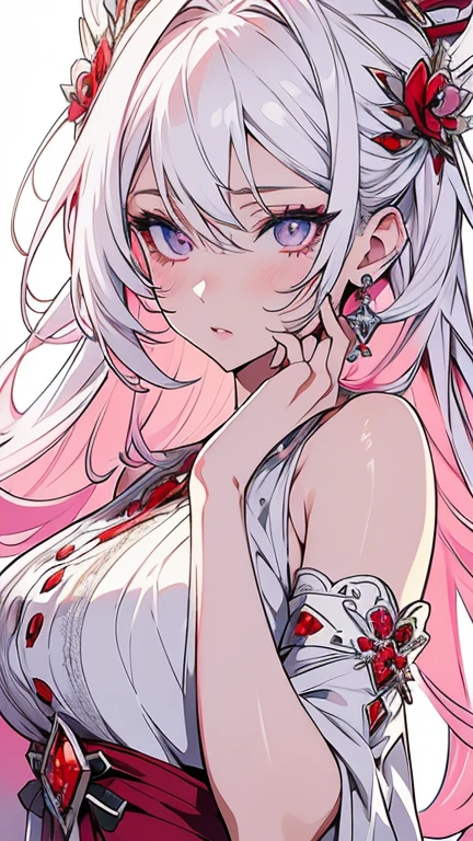 beautiful detailed eyes, beautiful detailed lips, extremely detailed eyes and face, longeyelashes, 1girl, white hair, anime style, hyper realistic, high quality, 8k, masterpiece, photorealistic, studio lighting, vivid colors, intricate details, elegant pose, soft lighting, cool color palette, cute and hot. White and pink, red . Sexy hot dress