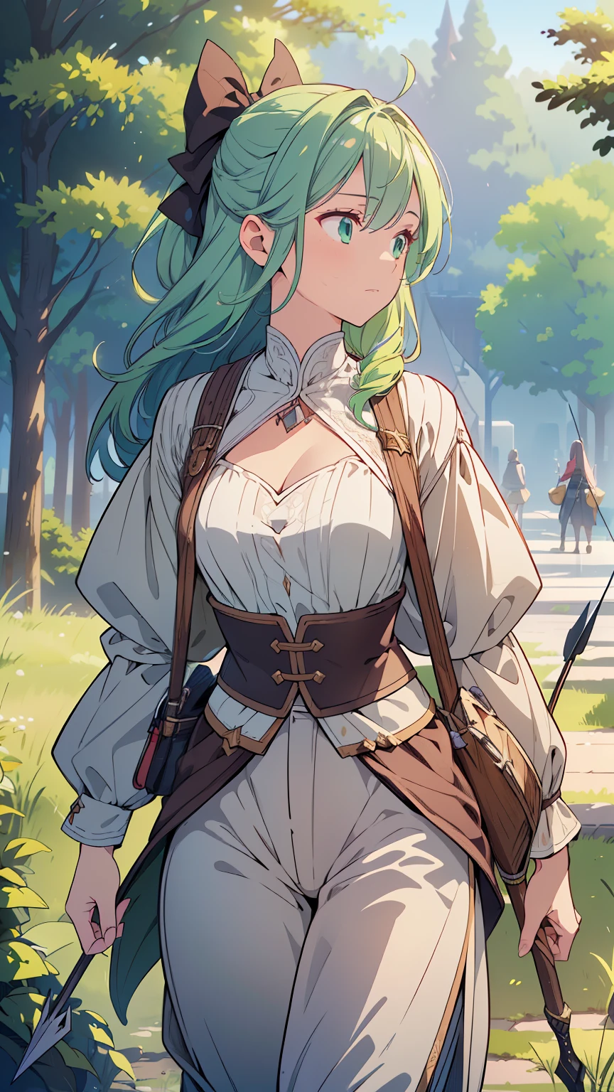 ((Top quality, 4k, 8k, high resolution, masterpiece: 1.2))), (super detailed), (realistic), (photorealistic), (photorealistic: 1.37), (HDR, UHD), (studio (lighting), ultra-fine drawing, sharp focus, physically based rendering, highly detailed, professional, vibrant colors, fantasy, medieval europe, hunter, Archer, whole body, green hair, middle hair, With an indifferent expression, dressed lightly and carrying a bow and quiver of arrows on her back, pantaloons, walking, looking to the side, 
