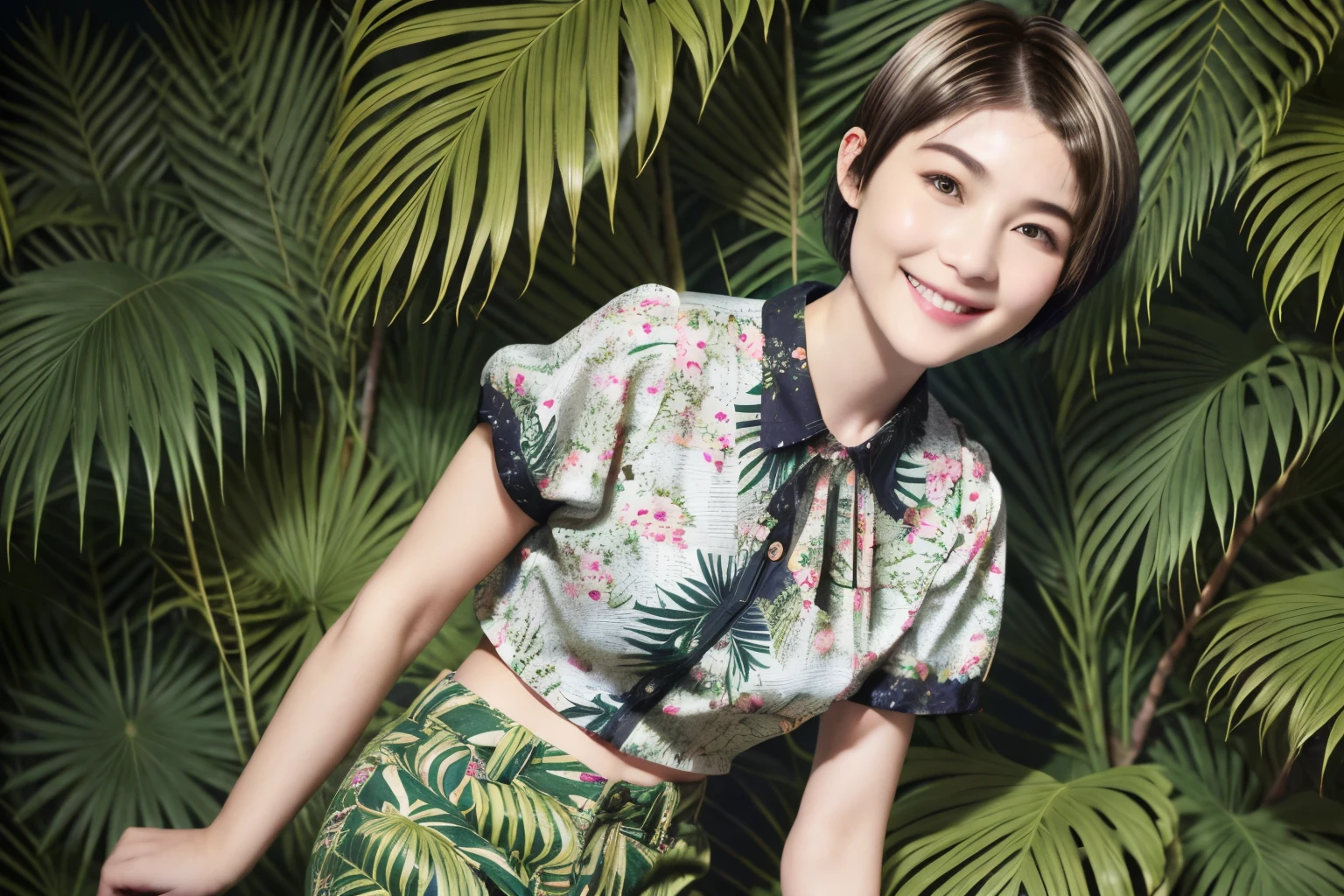 231 (18-year-old female,Floral clothes), ((short hair:1.46)), (Pants Style), (A kind smile), (Jungle Pattern)