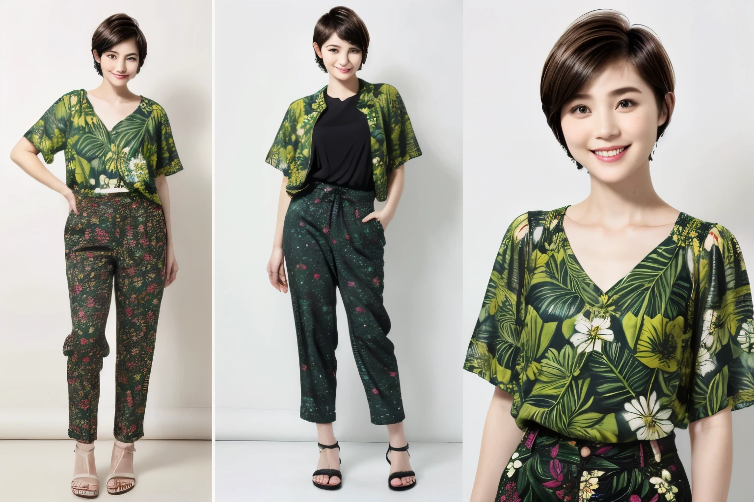 231 (18-year-old female,Floral clothes), ((short hair:1.46)), (Pants Style), (A kind smile), (Jungle Pattern)