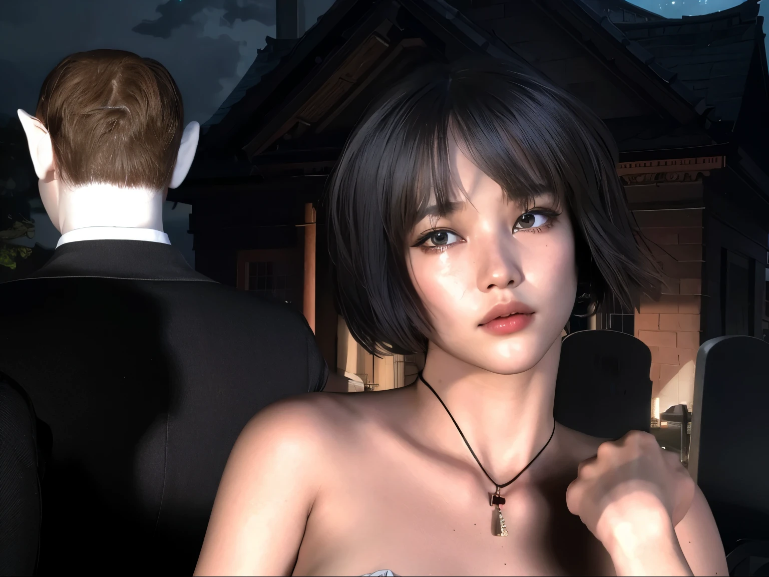 Standing in front of the crowd、Close-up of a woman with very small breasts, flat chest, Small breasts, Japanese Model, A scene from a movie, Sexy Movie Pictures, A scene from a movie, topless, Live-action movie stills, inspired Written by Kano Naizen, French Bob, ASİAN, Written by Kano Naizen、Photorealistic、