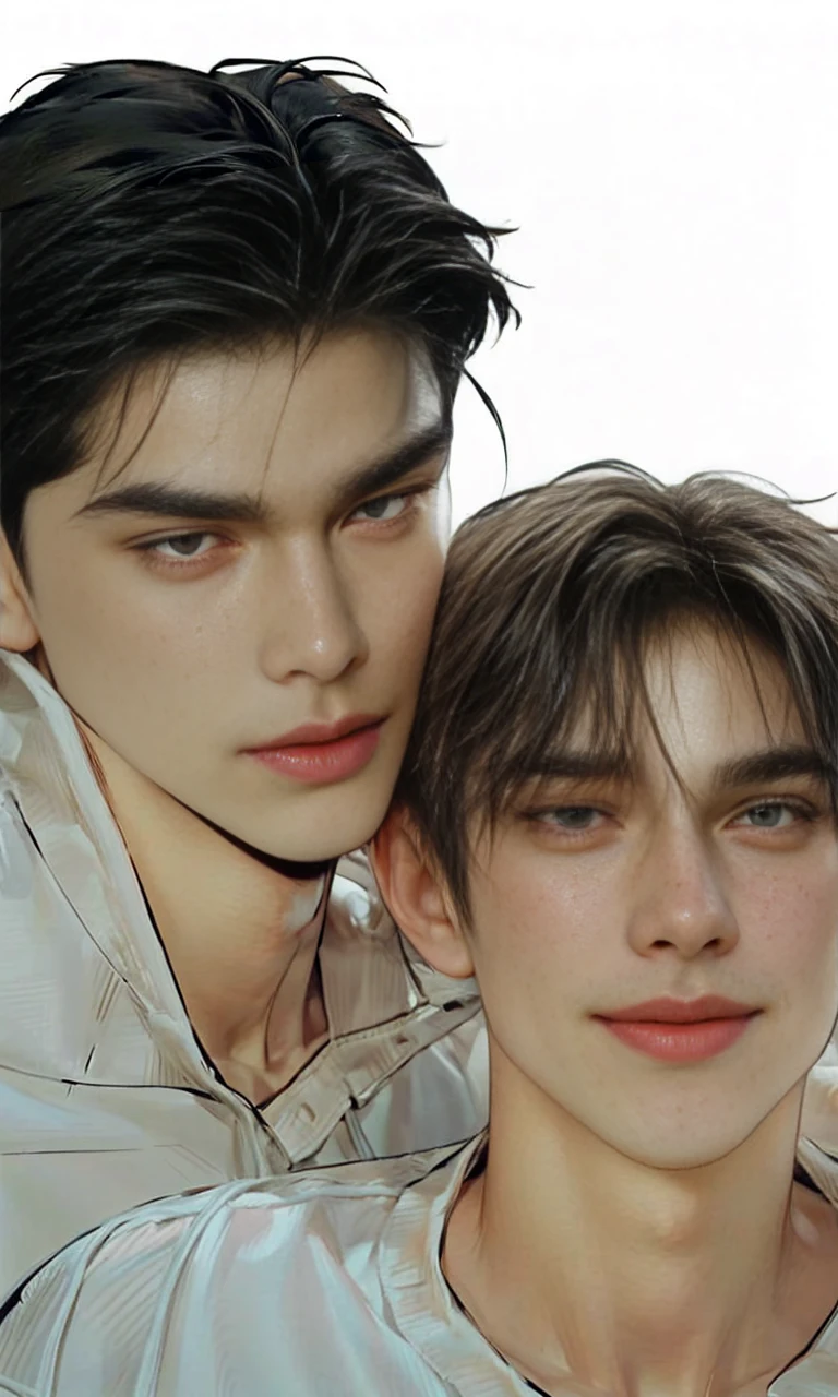 2 male,  hugs ,smiling, beautiful man and cute boy ,two men, friend Masterpiece of man, Adult man with firm facial features like an Dutch, black eyes, his nose is sharp, mature, black eyes, neat short black hair, very handsome, white, clean, smooth skin, muscle man, background realistic