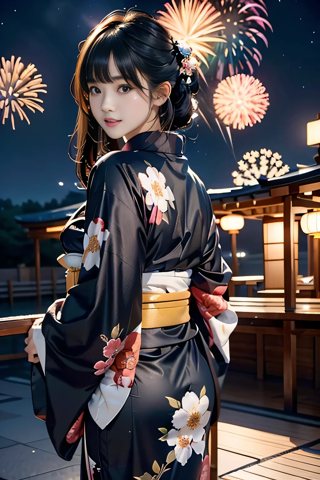 Full body,Looking back,♥(Japanese beautiful flower printed kimono,yukata),((1girl,cute,young,semi long beautiful black hair,blunt bangs,twin tales,beautiful eyes)),(solo),((masterpiece, highest resolution,best quality)), (beautiful illustration),(Japanese beautiful flower printed kimono,yukata),
(looking at the viewer), innocent smile,cinematic lighting,Japanese Festival,stall,fireworks,night sky,full moon,shooting star,